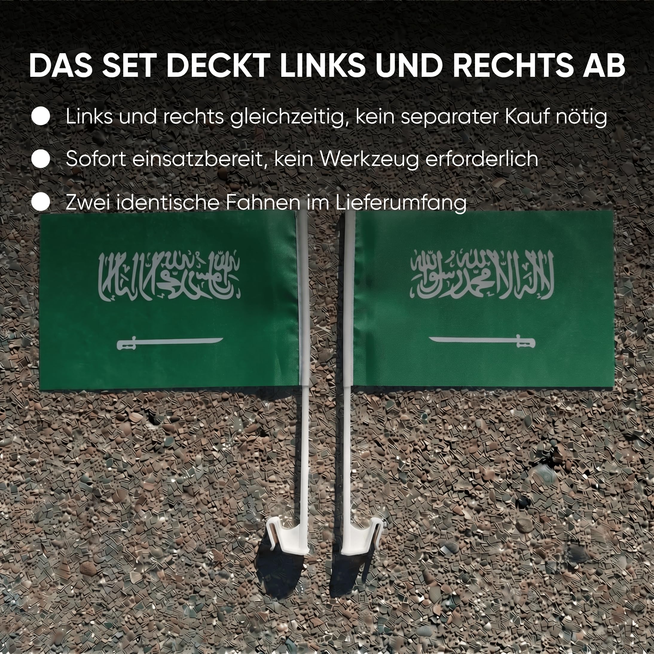 Auto Fahnen Saudi-Arabien Komplett Set - Motorhaubenfahne, 2 Autofahnen Fenster & 2 Außenspiegelfahnen, Fußball Fanartikel FZG für EM & WM, Saudische Flagge Fahrzeug Deko
