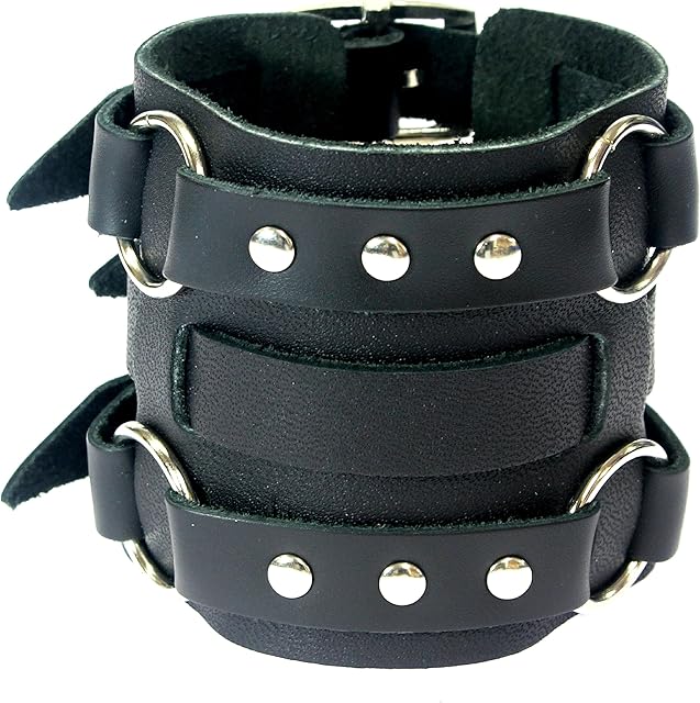 benerini Mens Leather 22 cm Leangth Wide Triple Strap Cuff Wrap Gothic Wristband Bracelet Buckle Fastening
