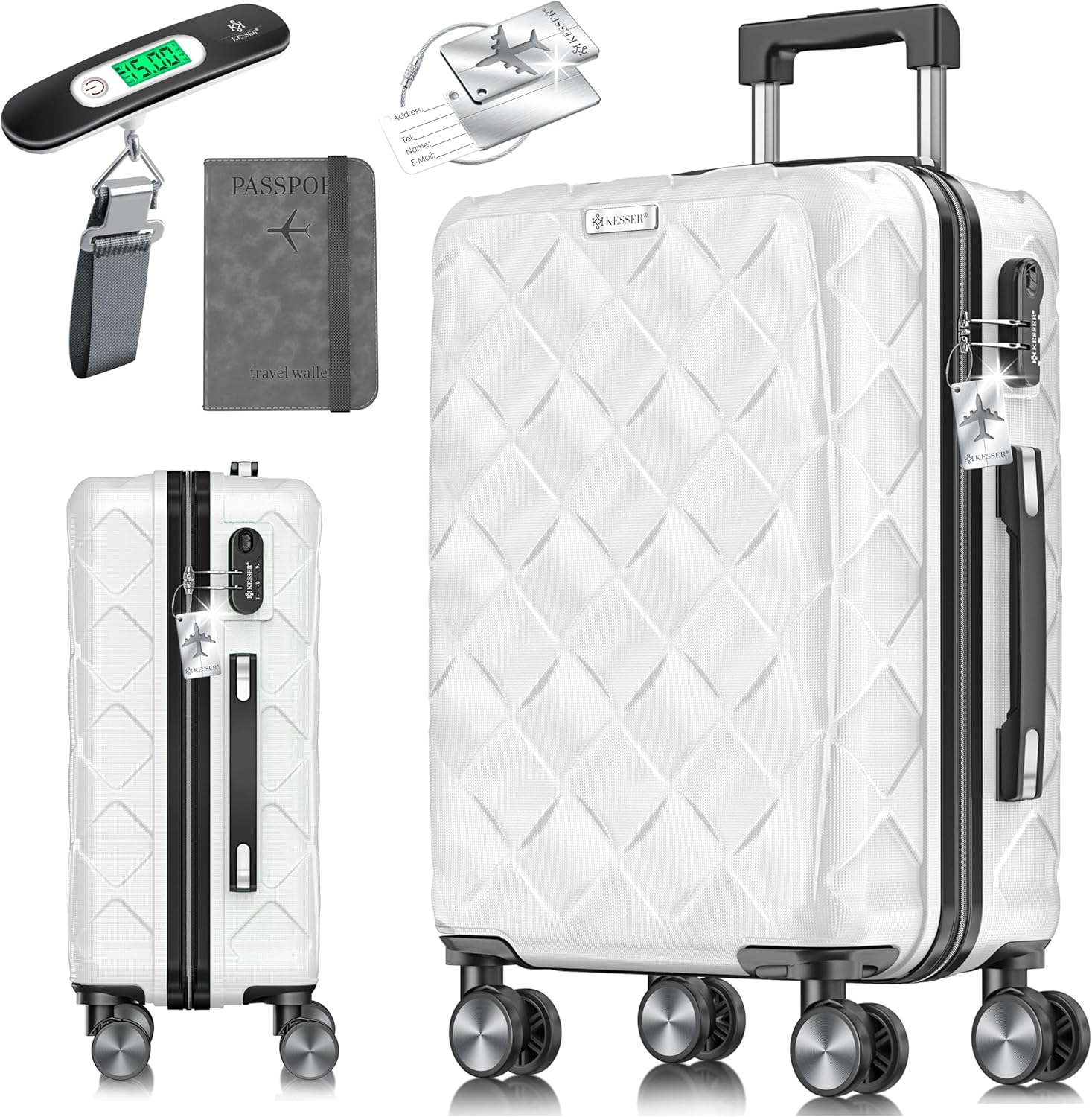 KESSER® Travel suitcase, hand luggage, hard ABS suitcase, with combination lock, luggage scale and travel wallet with 360° wheels, wheeled suitcase for business and travel, incl, White KESSER® Travel suitcase, hand luggage, hard ABS suitcase, with combination lock, luggage scale and travel wallet with 360° wheels, wheeled suitcase for business and travel, incl, White