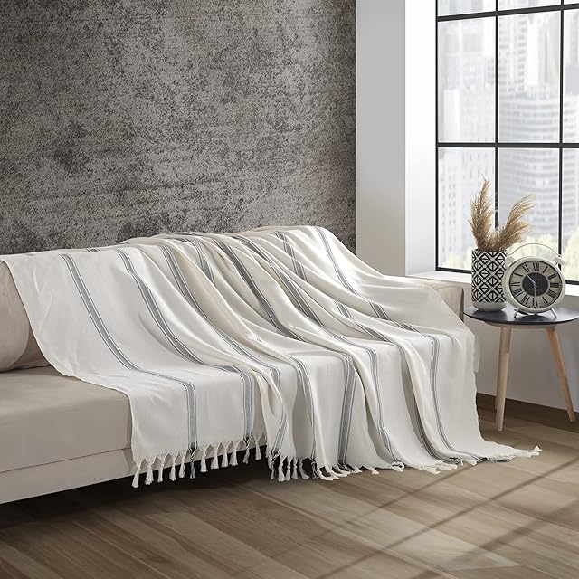 Milam London Cream Throw For Sofas | Bed | Settee | Bedspread Double Size | Recycled Cotton | Large Blanket For Beds | 200 x 230 cm