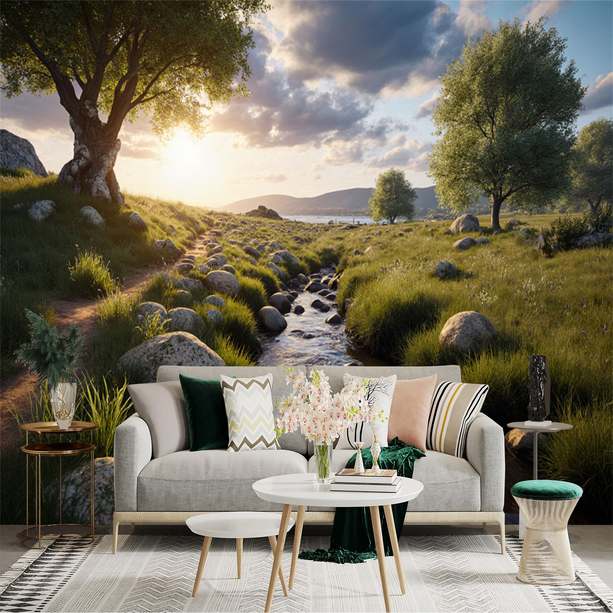 Custom Size Wall Sticker Mural， Sunny Countryside Landscape with Trees， River and Mountains， for wall Decoration， peelandstick wall Decals.