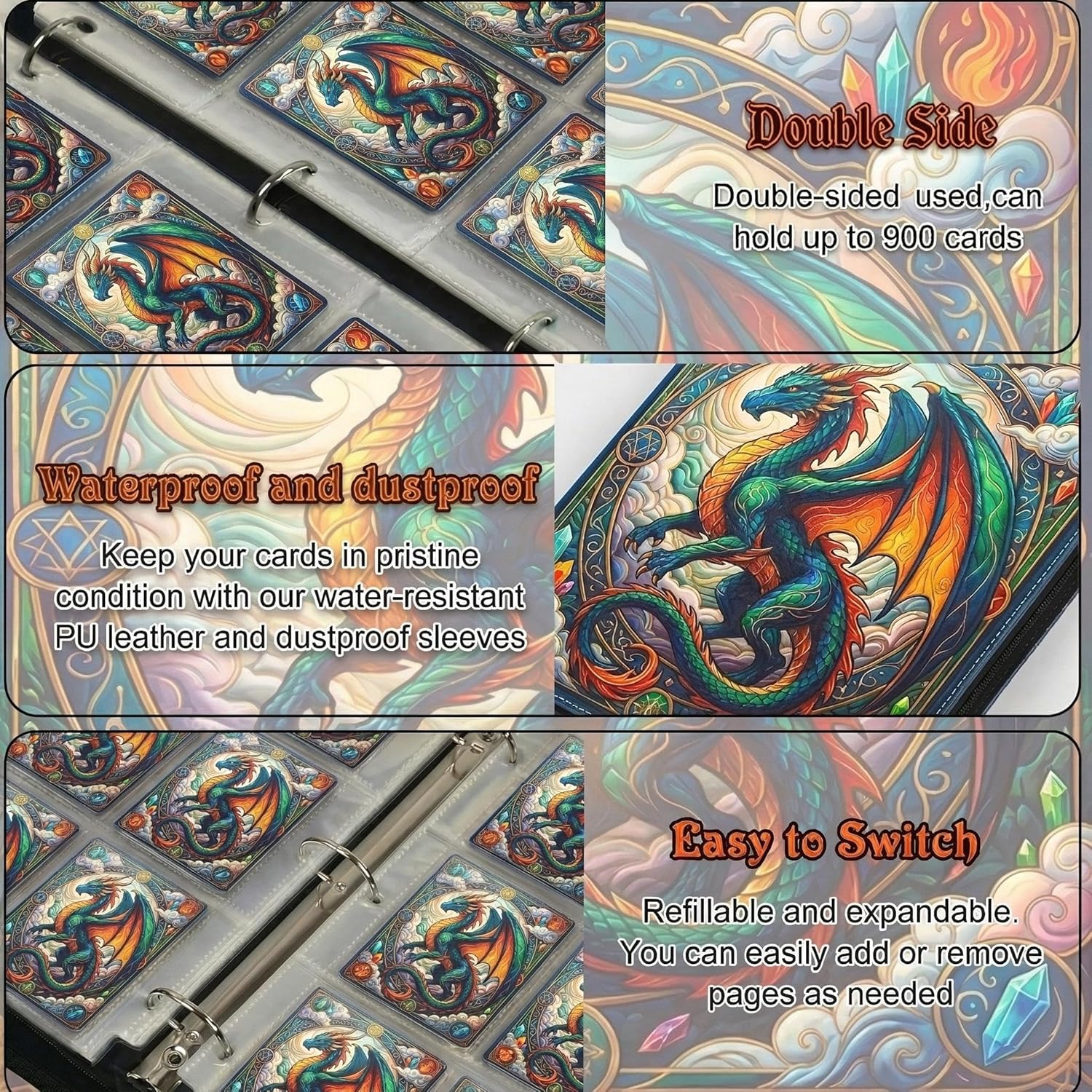 Trading Card Binder 9 Pocket, Deep Blue Dragon Card Binder Holds 900 Cards with 50 Removable Sleeves, Waterproof PU Leather Zipper Card Collector Album Book Compatible with TCG/Sports/Baseball Cards
