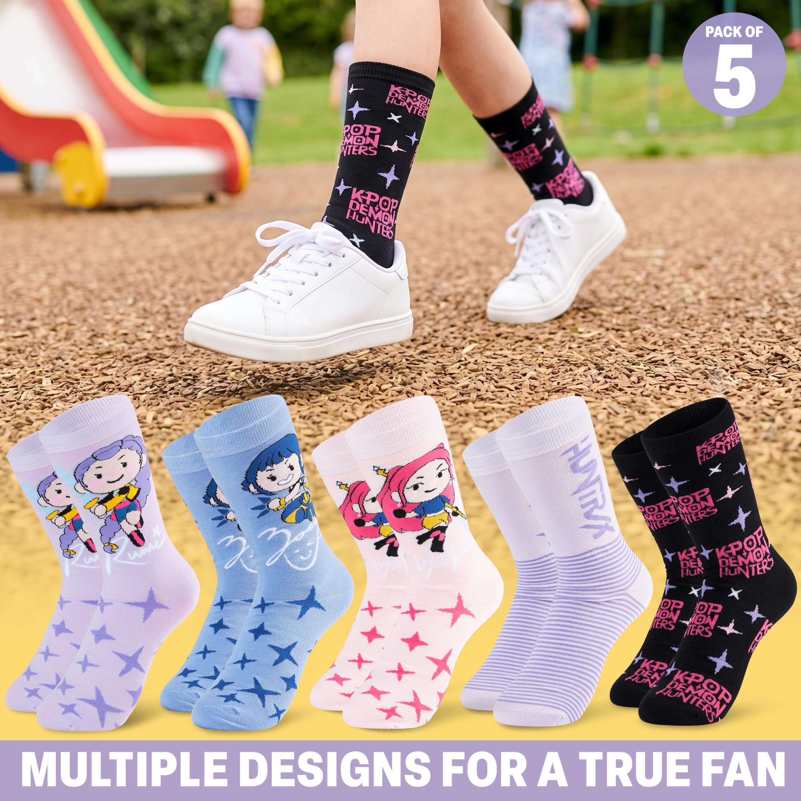Get Trend Huntrix Kpop Demon Hunters Calzini Bambina e Ragazza, 5 Paia | Calze Divertenti e Colorate con Design di Rumi, Zoey e Mira, Comodi e Traspiranti, Regalo per Bambina