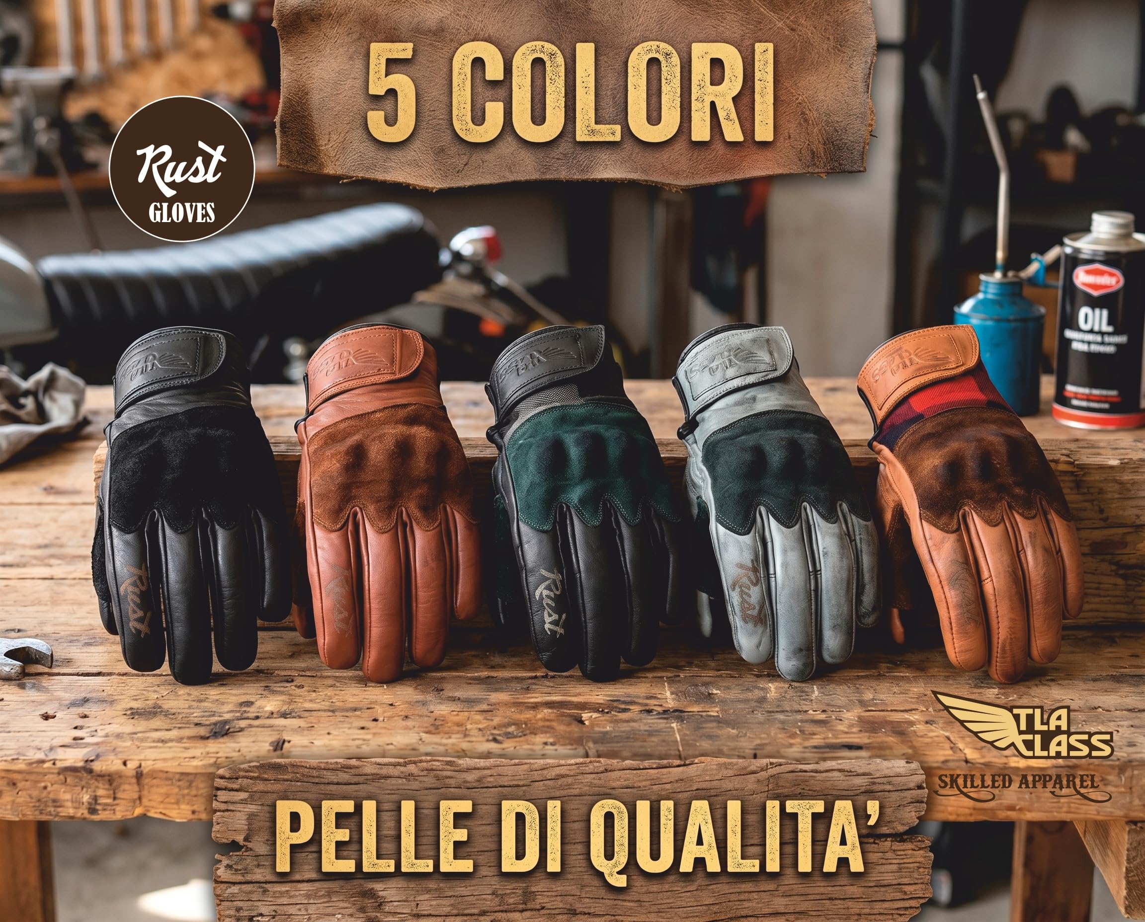 TLA RUST Guanti moto in pelle vintage con protezioni nocche omologati CE, 2XS a 4XL uomo e donna, Guanti da moto, scooter, racing, touchscreen, alta protezione all'impatto.