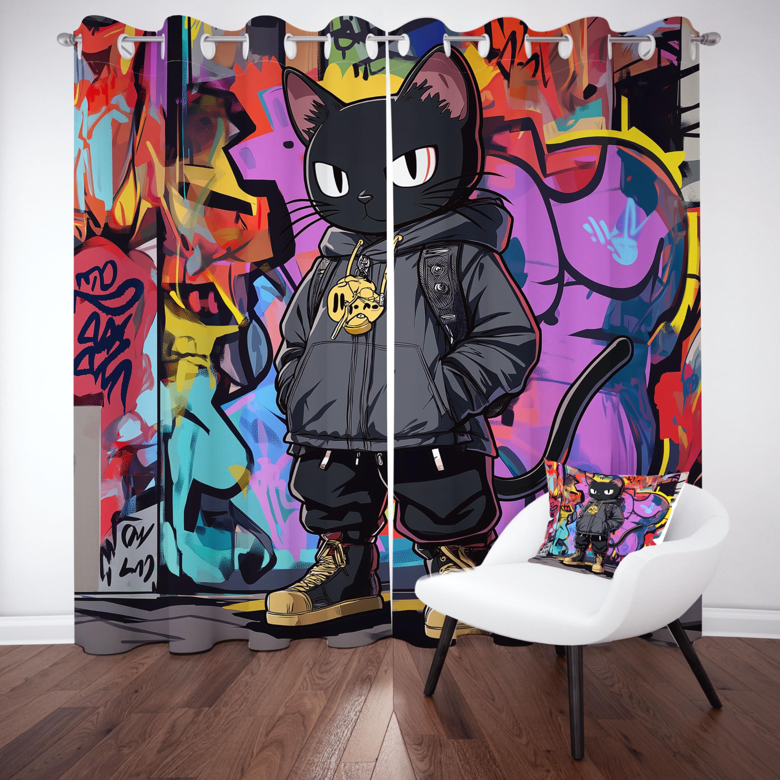 Rideau Chat Hip Hop, Lot de 2 à Oeillets 70L x 160H, Rideau Chaton Noir Graffiti Culture Grunge Hippie Occultant Isolant Anti Froid, pour Chambre Enfant, Intérieur Decoration