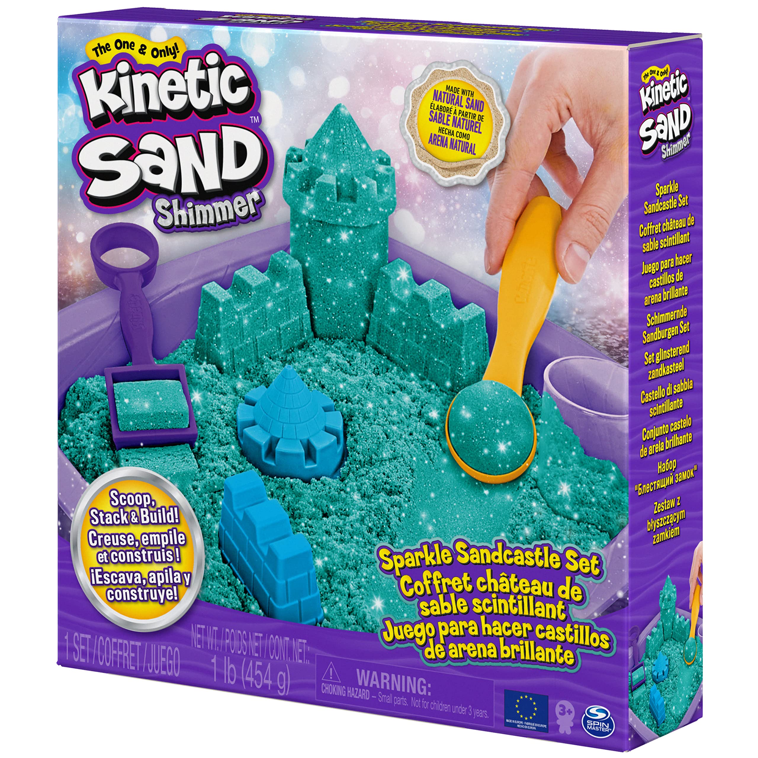 Kinetic Sand |Zamek Shimmer Sand | Piasek kinetyczny 454gr | Magiczny piasek | Zielony Kolorowy Piasek | 3 akcesoria i tacka W zestawie | zabawki dla dzieci i dziewczynek 3 lata