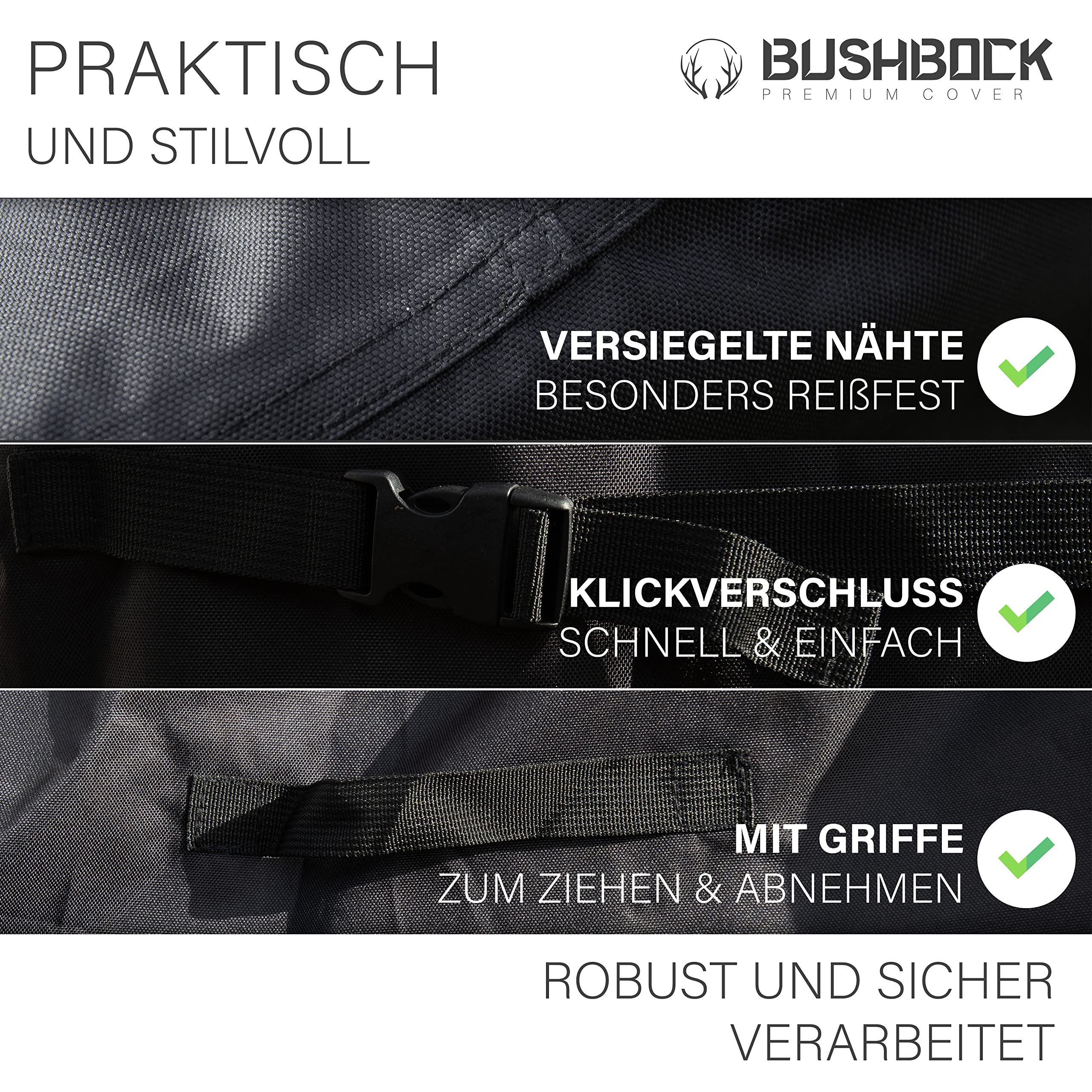 BUSHBOCK® Pokrowiec na grilla premium do Weber Spirit 210/215, odporny na warunki atmosferyczne, 85 x 70 x 115 cm, pokrowiec na grill gazowy, odporny na rozdarcia i wodoszczelny, z ochroną przed promieniowaniem UV, akcesoria do grilla (M, czarny)