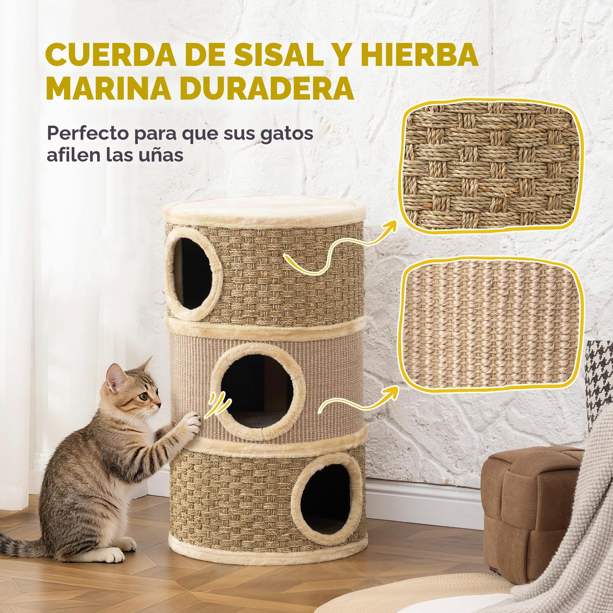 PawHut Barril rascador para Gatos 79 cm Alto Ø 45 cm Barril para Gatos con 3 Niveles Cuerda de sisal, Cueva de Felpa para, Poste rascador para Grandes, Caqui+café