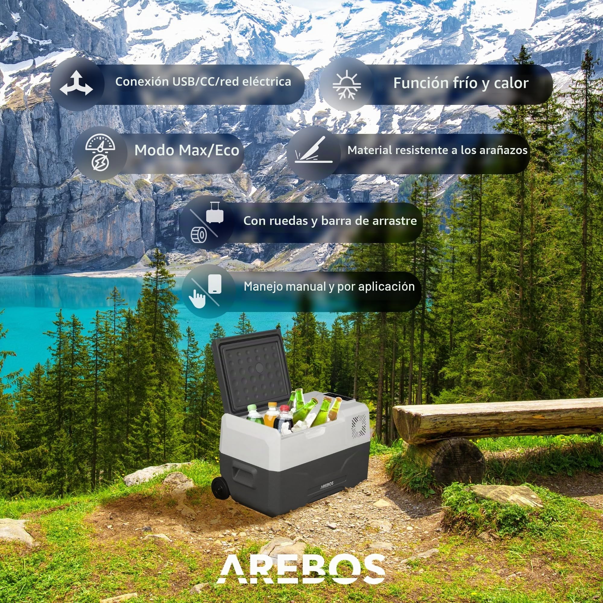 Nevera de compresor Arebos con Ruedas 27 litros | Congelador eléctrico con Control App para Enfriar, congelar y Mantener Caliente | Refrigeración hasta -20 °C | Nevera para Coche