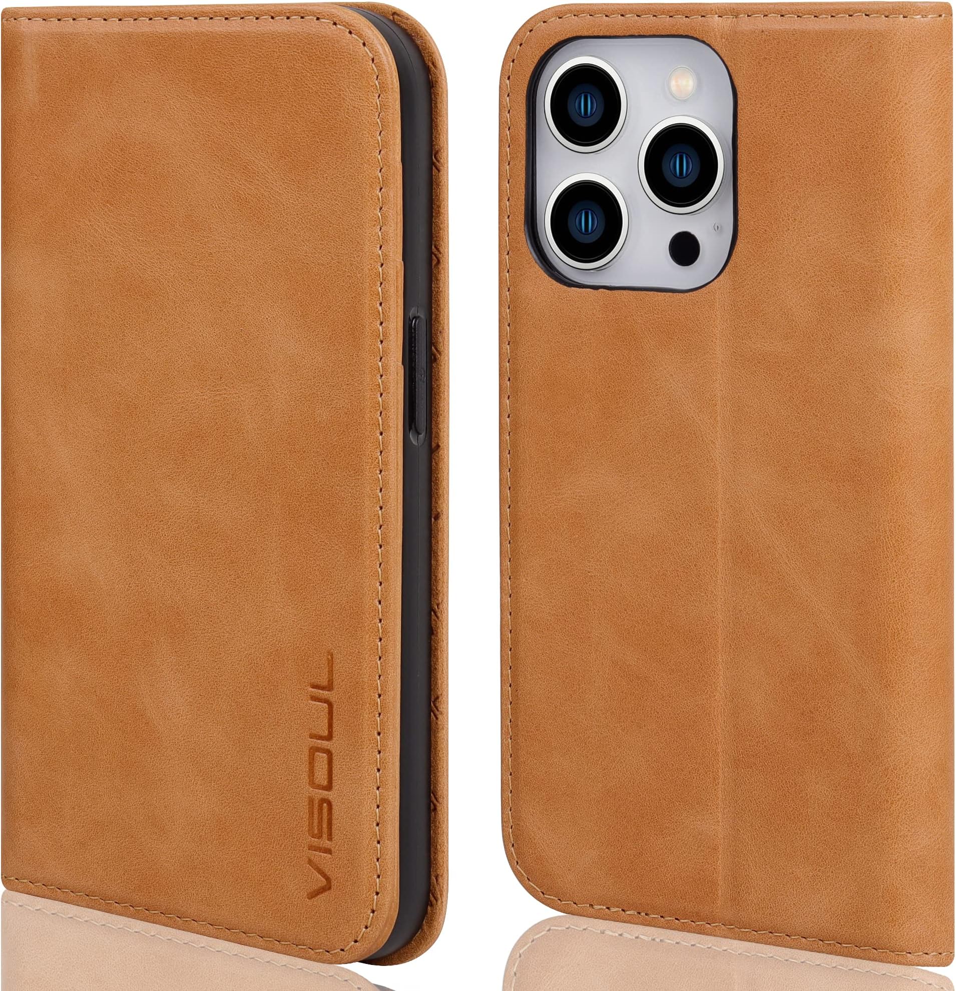 VISOUL Flip Case for iPhone 14 Pro Wallet Case, Magnetic Genuine Leather Case with Card Holder Stand for Women and Men, Folio Cover Phone Case for iPhone 14 Pro (6.1-inch)(Tan)