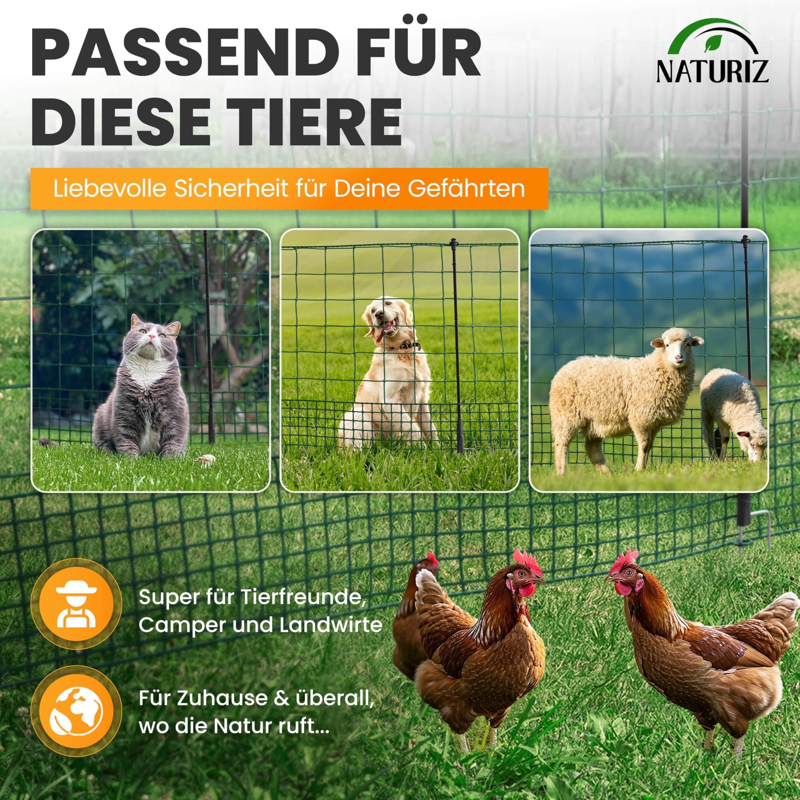 NATURIZ® Weidezaun 105cm hoch - mobiler Hundezaun & Hühnerzaun, Camping Zaun für Hunde ohne Strom, Begrenzungszaun, Steckzaun (15m)