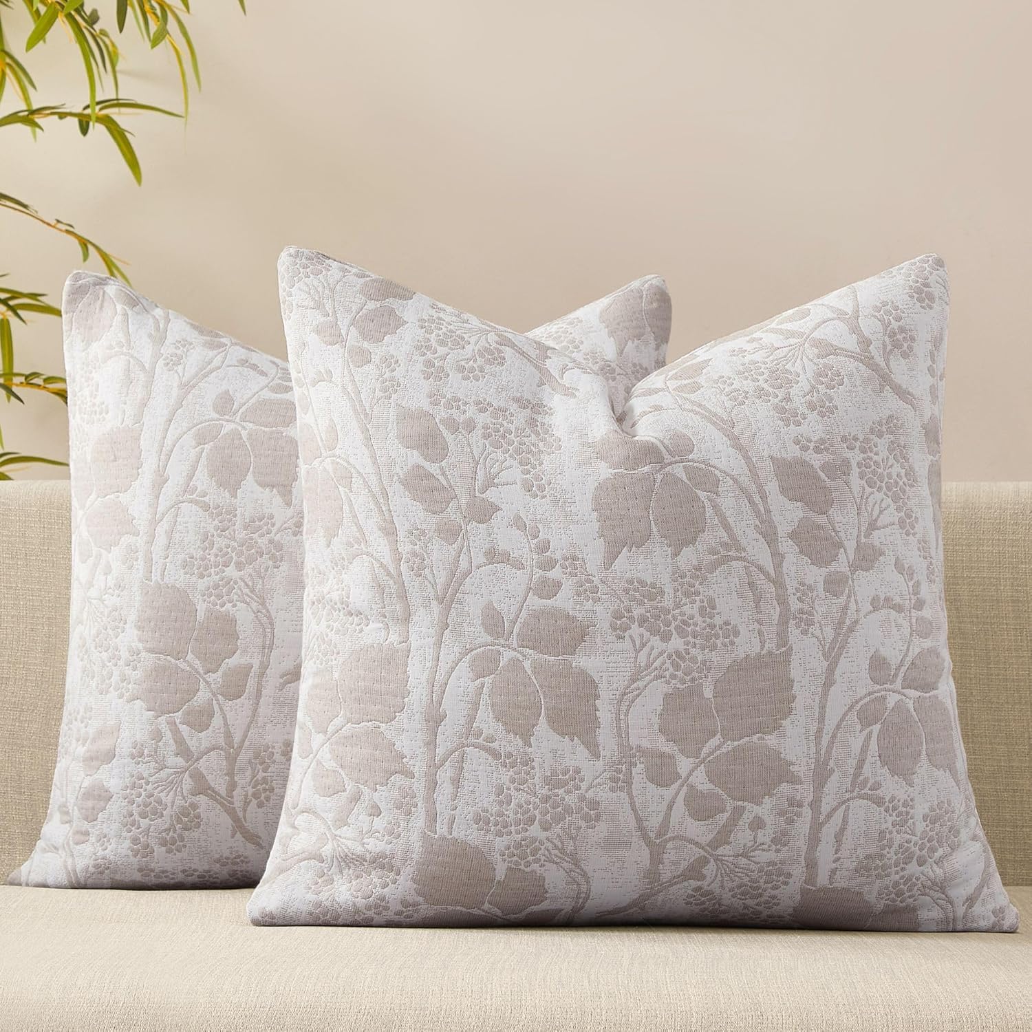 Bailix Floral Throw Pillow Covers 18x18 Set of 2 Vintage Jacquard Accent Decorative Cushion Covers with Soft Plush Feel Neutral Farmhouse Home Decor for Living Room Bedroom Couch Sofa Chair，Sand