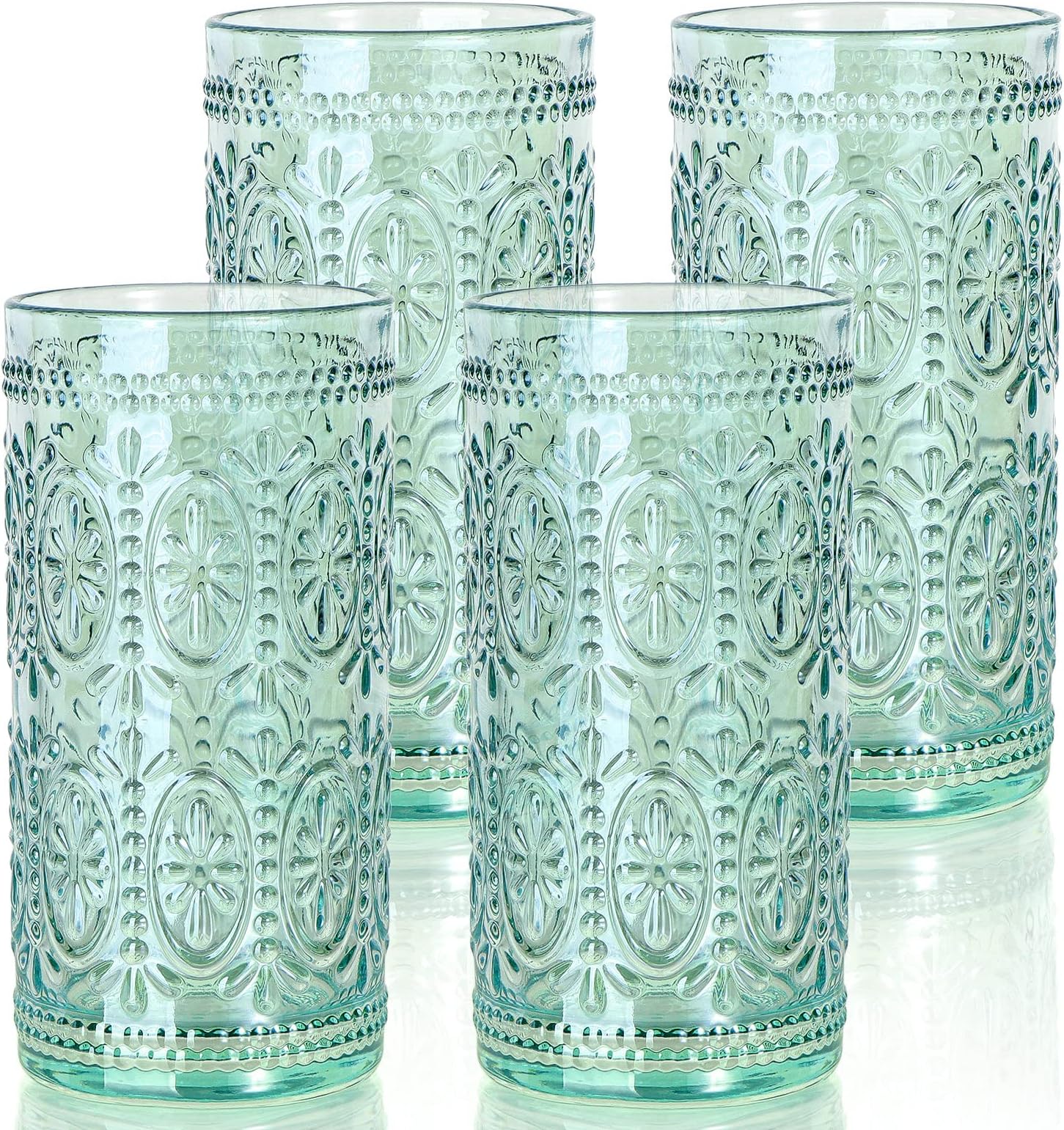 Green Drinking Glasses Set of 4, Vintage Drinking Glasses, Colored Glassware Drinking, Highball Beverage Glasses Cup, Vintage Glassware Set for Water, Juice, Cocktail, Coffee