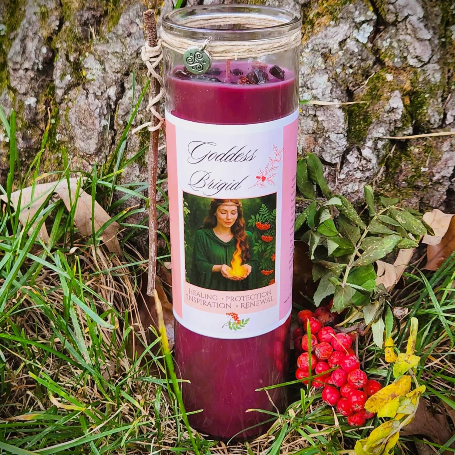 Brigid Fire Goddess Candle Hand Poured Elegant Coco Soy, Pomegranate, Rowan Berries, Garnet, Healing, Renewal, Witch, Triskele Charm, Rowan Twig