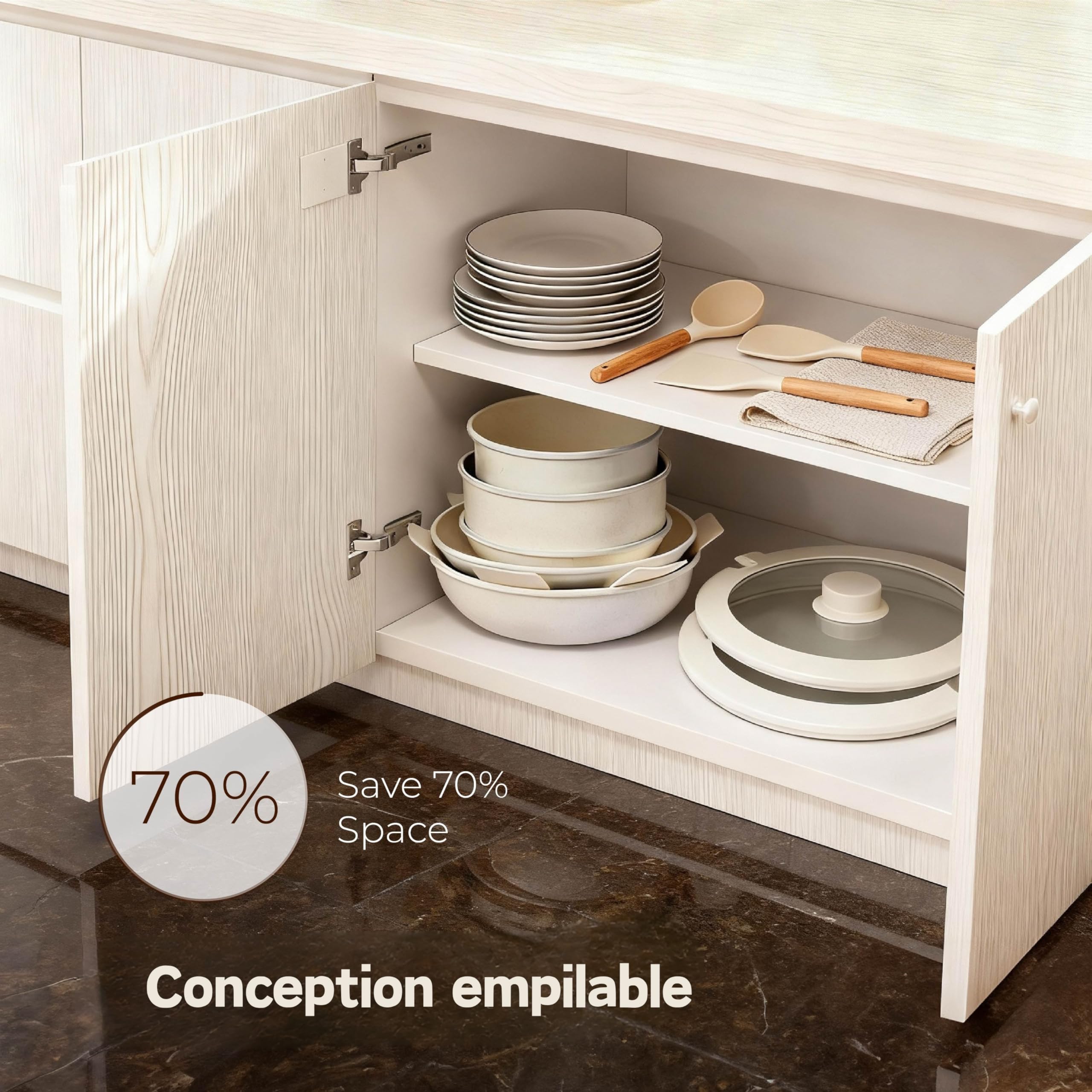 LEADZM Batterie de Cuisine Induction，Casserole Induction，poele，22 Pièces | Set de et en，Casseroles Poêles Céramique Antiadhésif - 22 Pièces avec Poignées Détachables（blanc cassé）