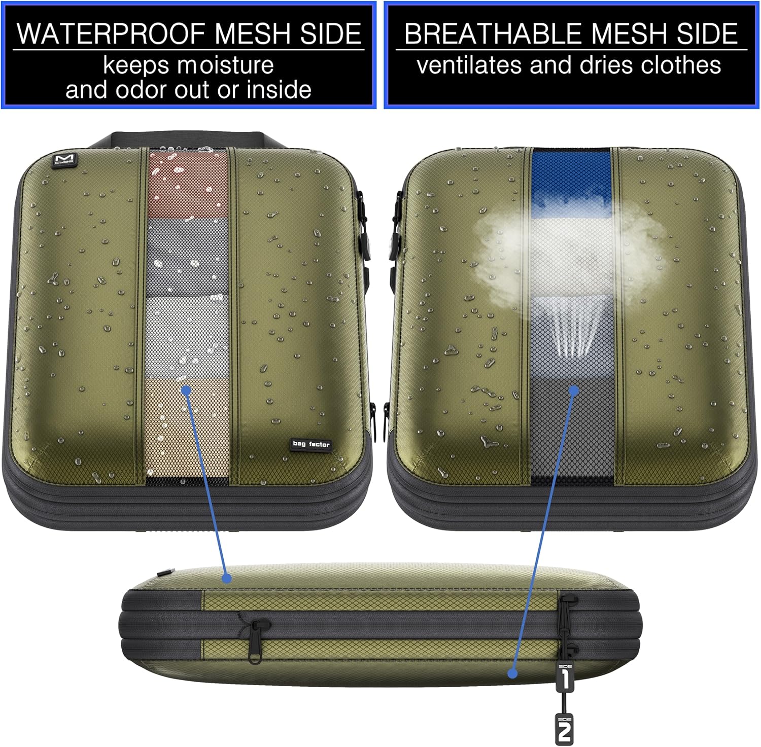 Premium Ultralight Compression Packing Cubes for Travel - Bag Factor Luggage Organizer Set (Double Sided Clean Dirty - Olive Green - 2 Set)