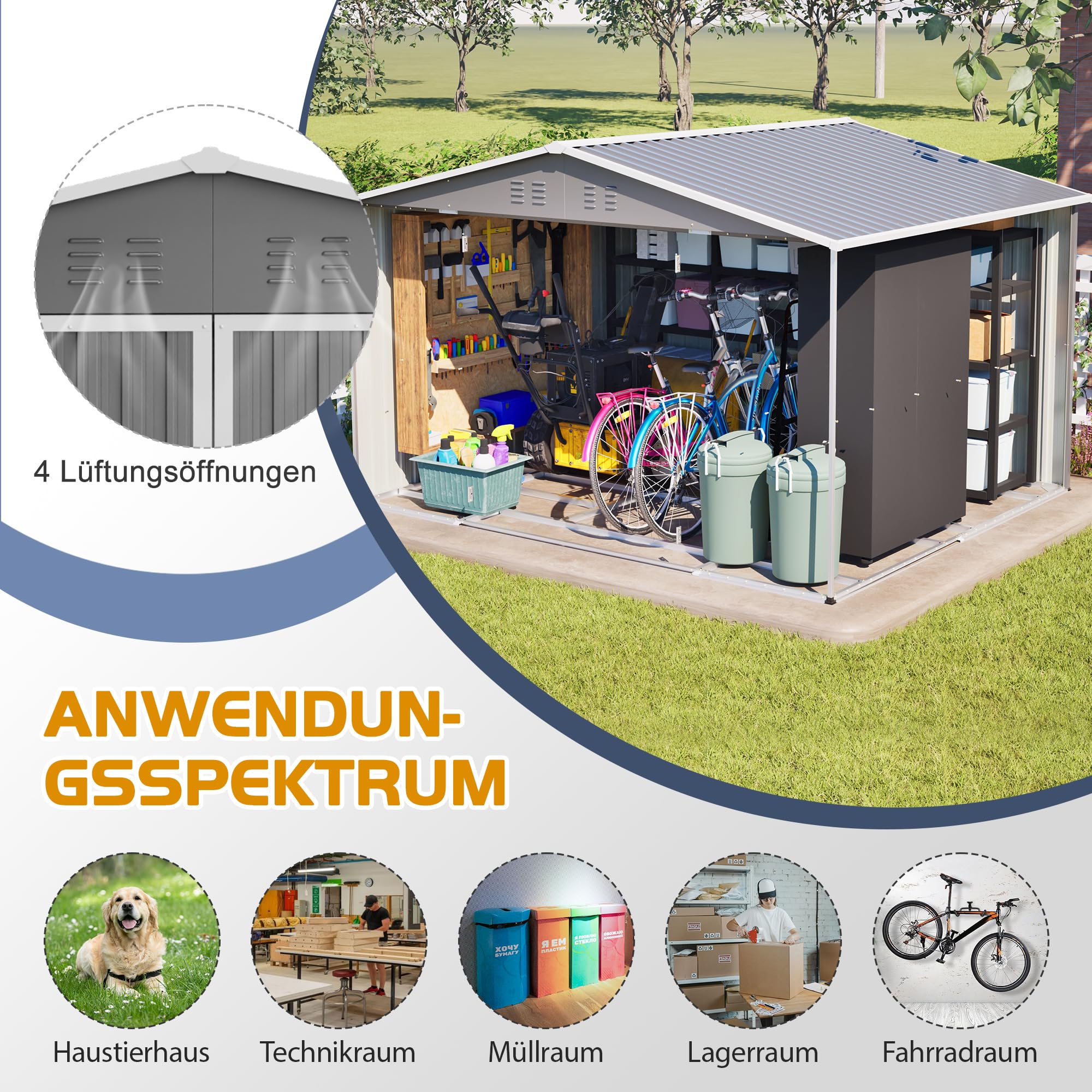 Cobertizo de Jardín Exterior, Cobertizo de Almacenamiento (XXXL) | Para Herramientas Terraza Patio, Metálico Caseta de Jardín, Con Puerta y Ventilación, Con Techo, 289x239x191 cm, Gris