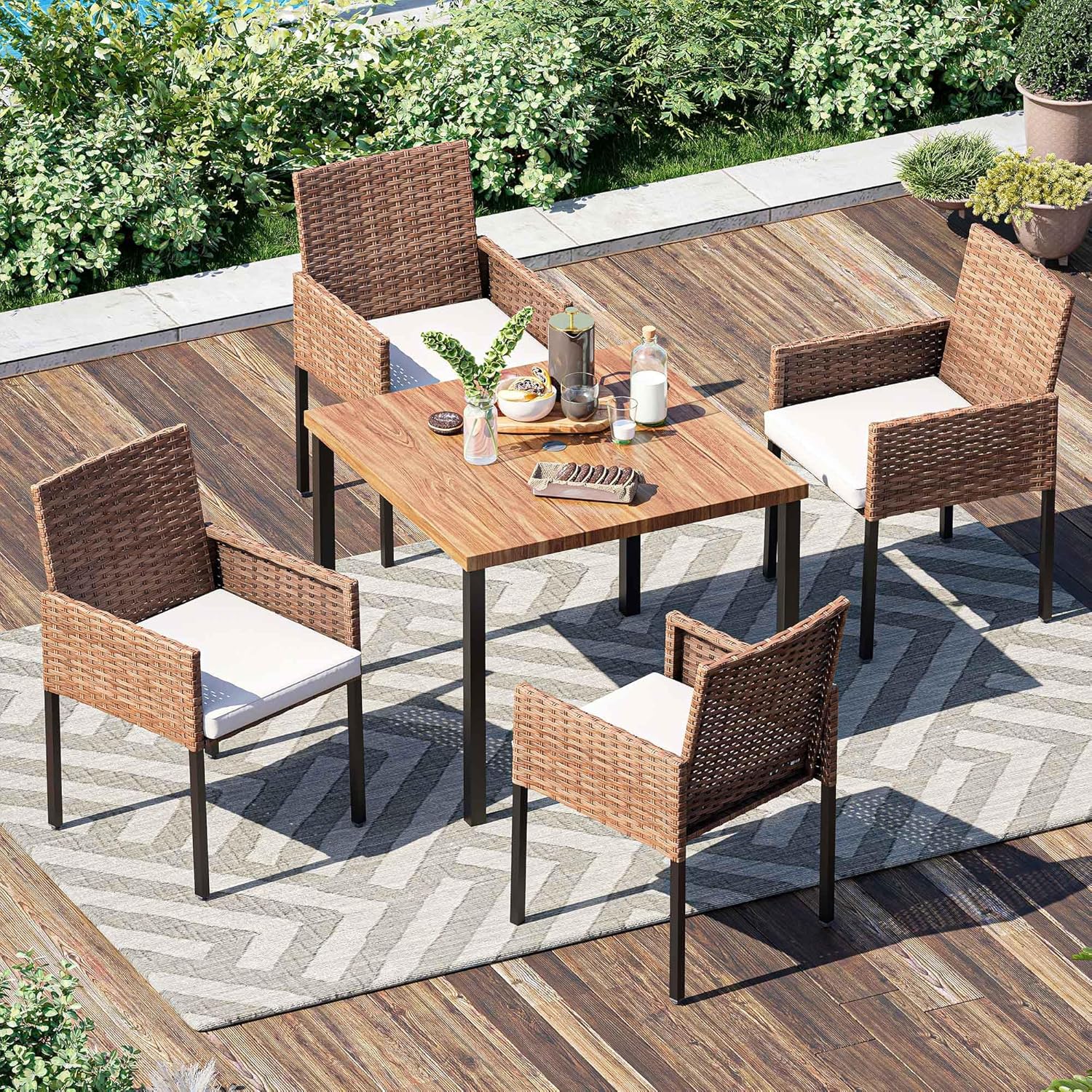 LAUSAINT HOME 5 Pieces Outdoor Wicker Rattan Furniture Set, All-Weather Patio Dining Set with Chairs Set of 4 and Wood Square Table with Umbrella Hole for Lawn, Patio, Garden, Backyard, Beige