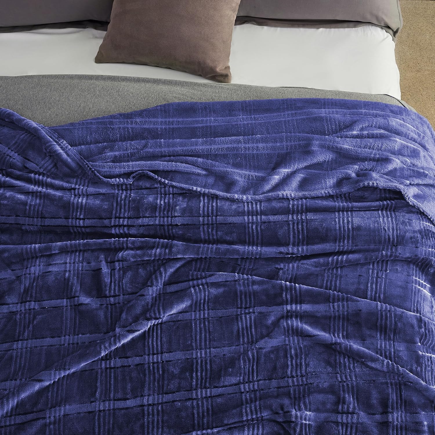 Super Soft Flannel Queen Blanket 90x90 Inches, Premium Checkered Jacquaed Silky Fleece Lightweight Bed Blanket All Season Use, Navy Blue Strip, 90"x90"