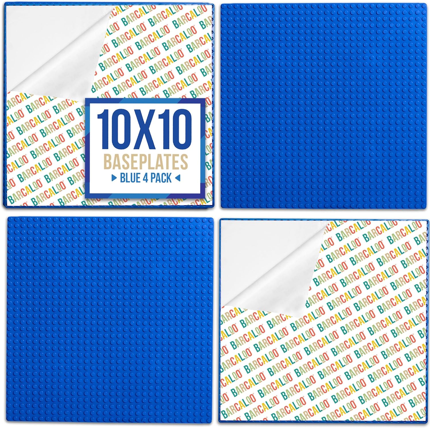 Barcaloo Peel and Stick Self Adhesive Baseplates Mat, Compatible with Base Plates Multipack, Panels for Table Top Play - 10 Inch x 10 Inch Adhesive Building Brick Play Wall Panel, 4 Blue