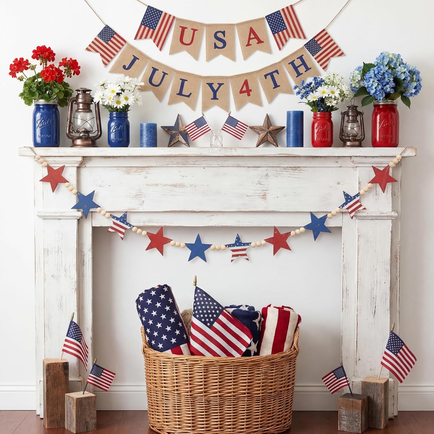 Qunclay 5.1ft 4th of July Patriotic Wooden Beads Garland with Star Charms USA Flag Wood Bead Garland Banner Rustic Independence Day Red White Blue Beaded for 250th Anniversary Fireplace Wall(Usa Star)