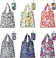 6 Pack Reusable Foldable Grocery Bags with Cute Flower Patterns - Eco-Friendly, Waterproof, 22lb Capacity, Machine Washable