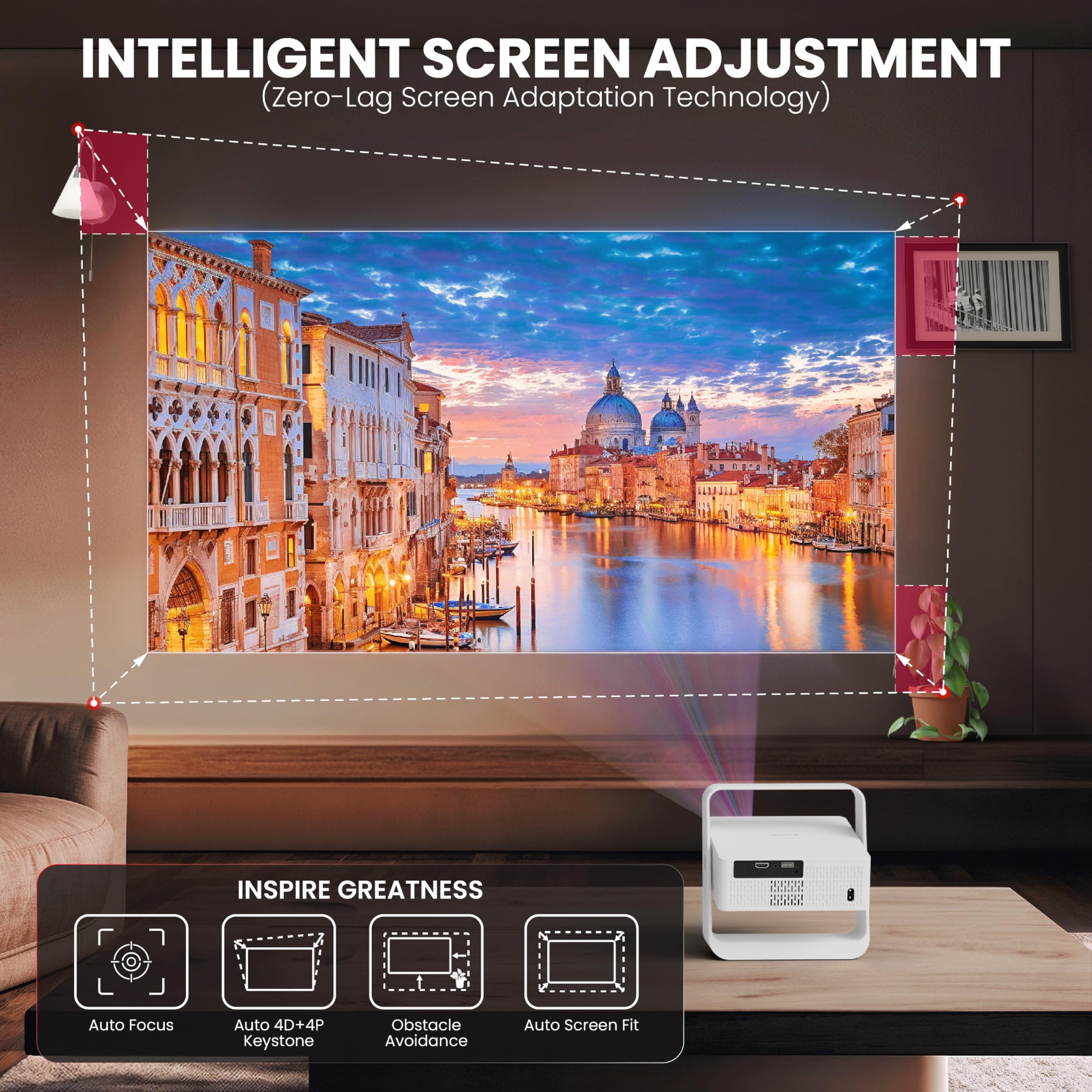 E Gate Atom 4X Air, Fully Automatic, 12000 Lumens Projector for Room, 1080P & 4K Support, Auto Focus + Keystone + Obstacle Avoid | Android 12 Netflix, Prime, Live TV | WiFi-BT-HDMI, 720p Native EGATE — Amazon image 3
