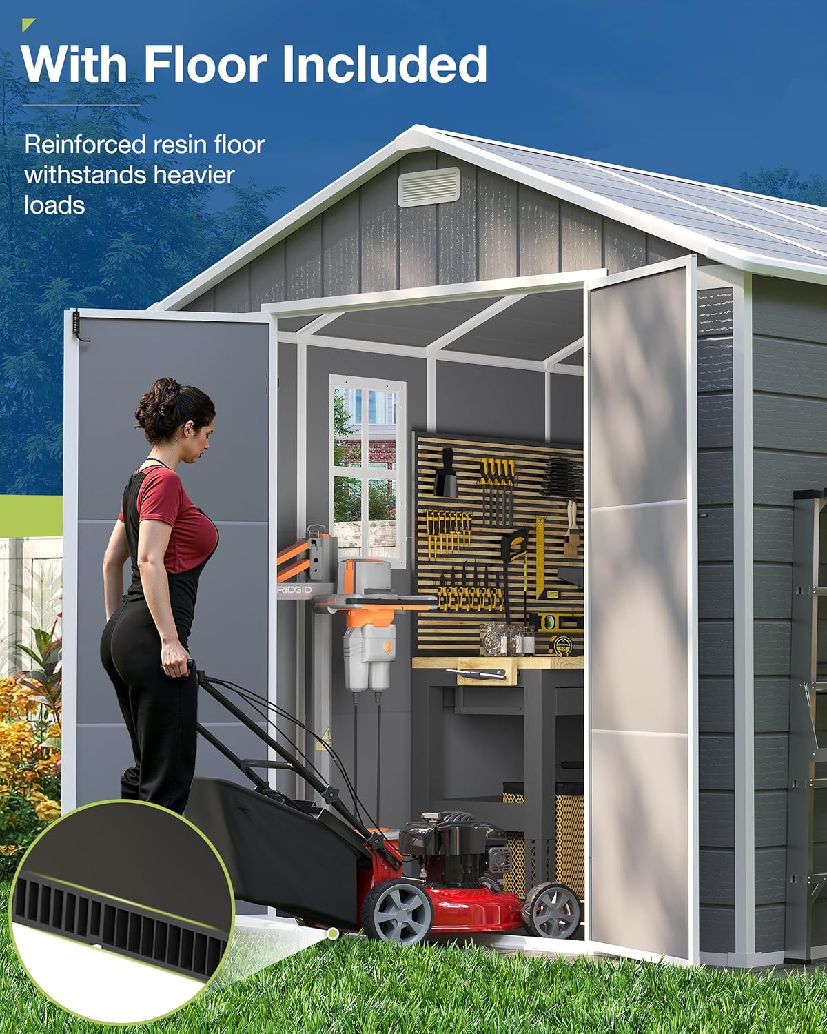 Amopatio 8x10 FT Storage Shed, Resin Outdoor Shed with Floor Included, Plastic Sheds Outdoor Storage for Bike, Garden Tools, Sheds & Outdoor Storage with Lockable Door, Window & Vents, Grey & White