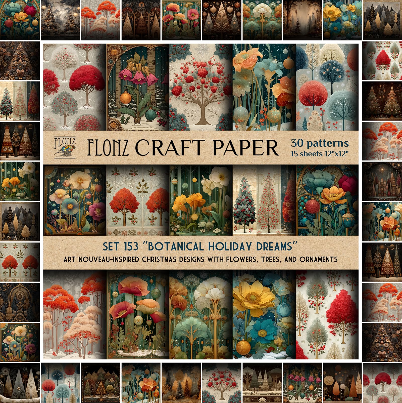 FLONZ Papel para álbumes de recortes (30 patrones de 12 x 12 pulgadas) Botanical Holiday Dreams ~ Diseños navideños inspirados en el Art Nouveau con flores, árboles y adornos en formato decorativo