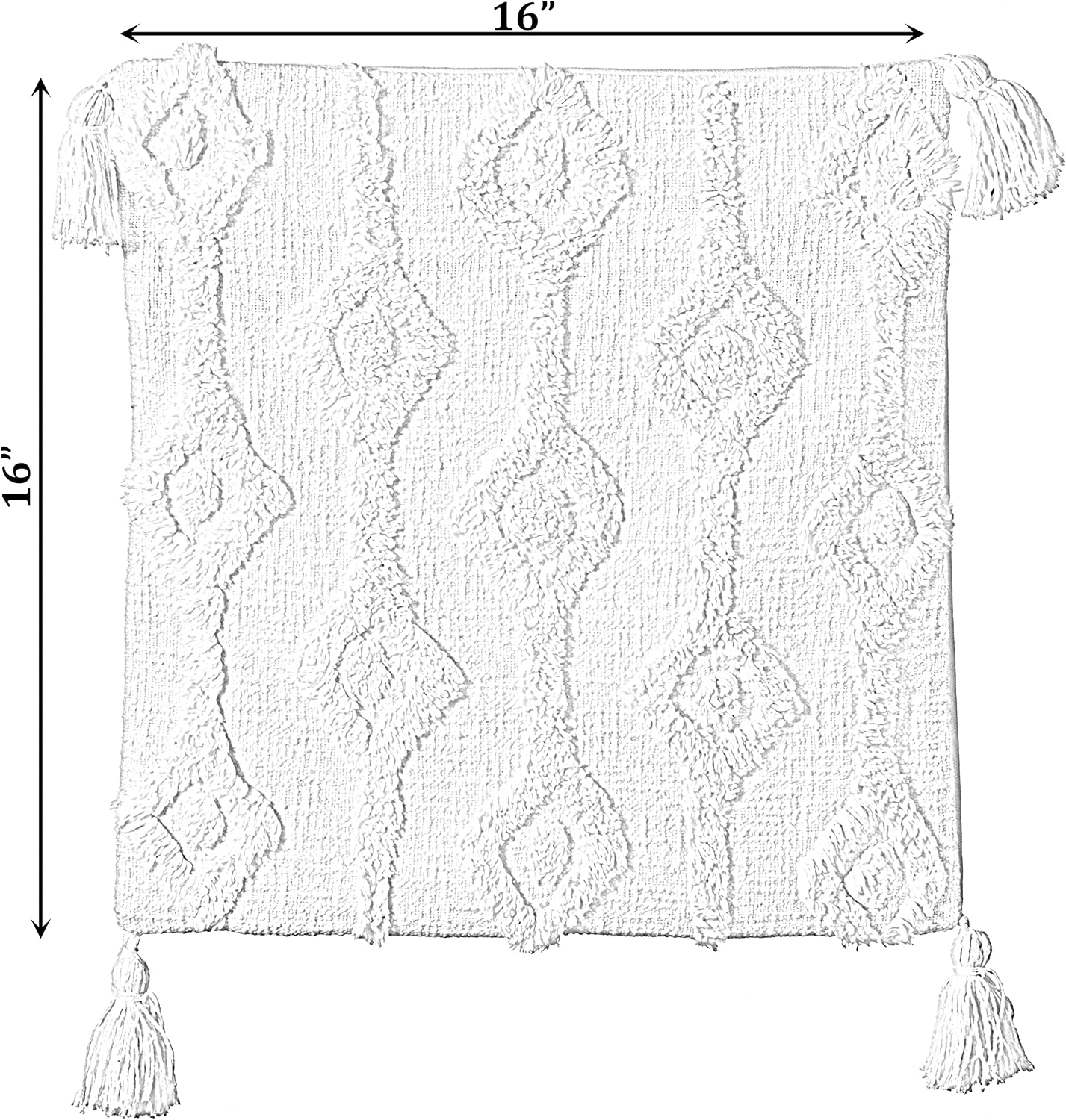 Deerlux 16" Handwoven Cotton Throw Pillow Cover with Small White Tufted Diamond Pattern and Tassel Corners, White