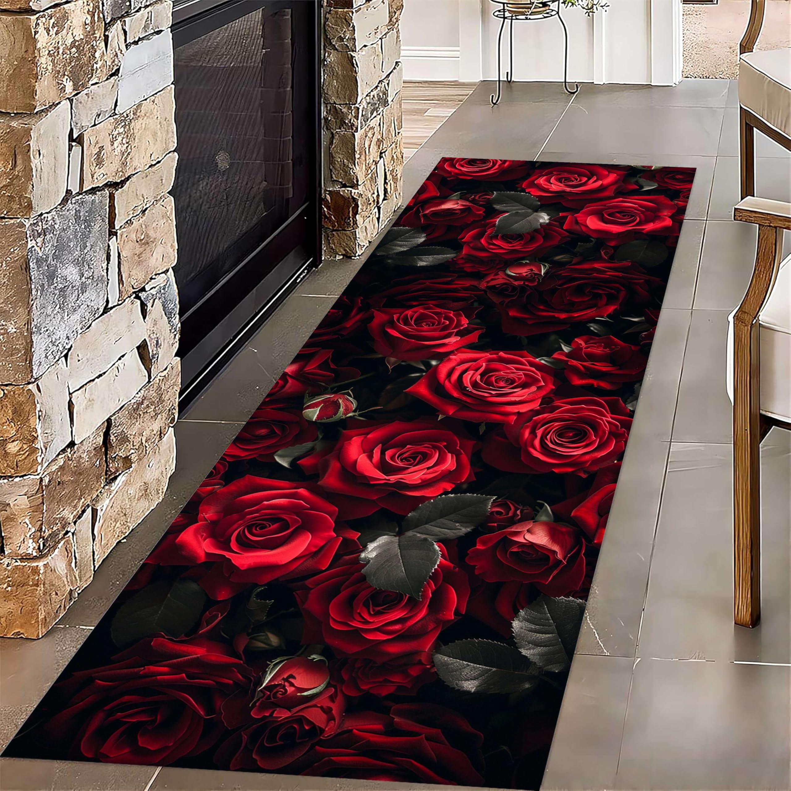 Rose Runner Hallway Rug, 2.6x7ft 3D Red Rose Hallway Carpet, Washable Living Room Carpet, Comfortable Romantic Bedroom Bedside Balcony Home Interior