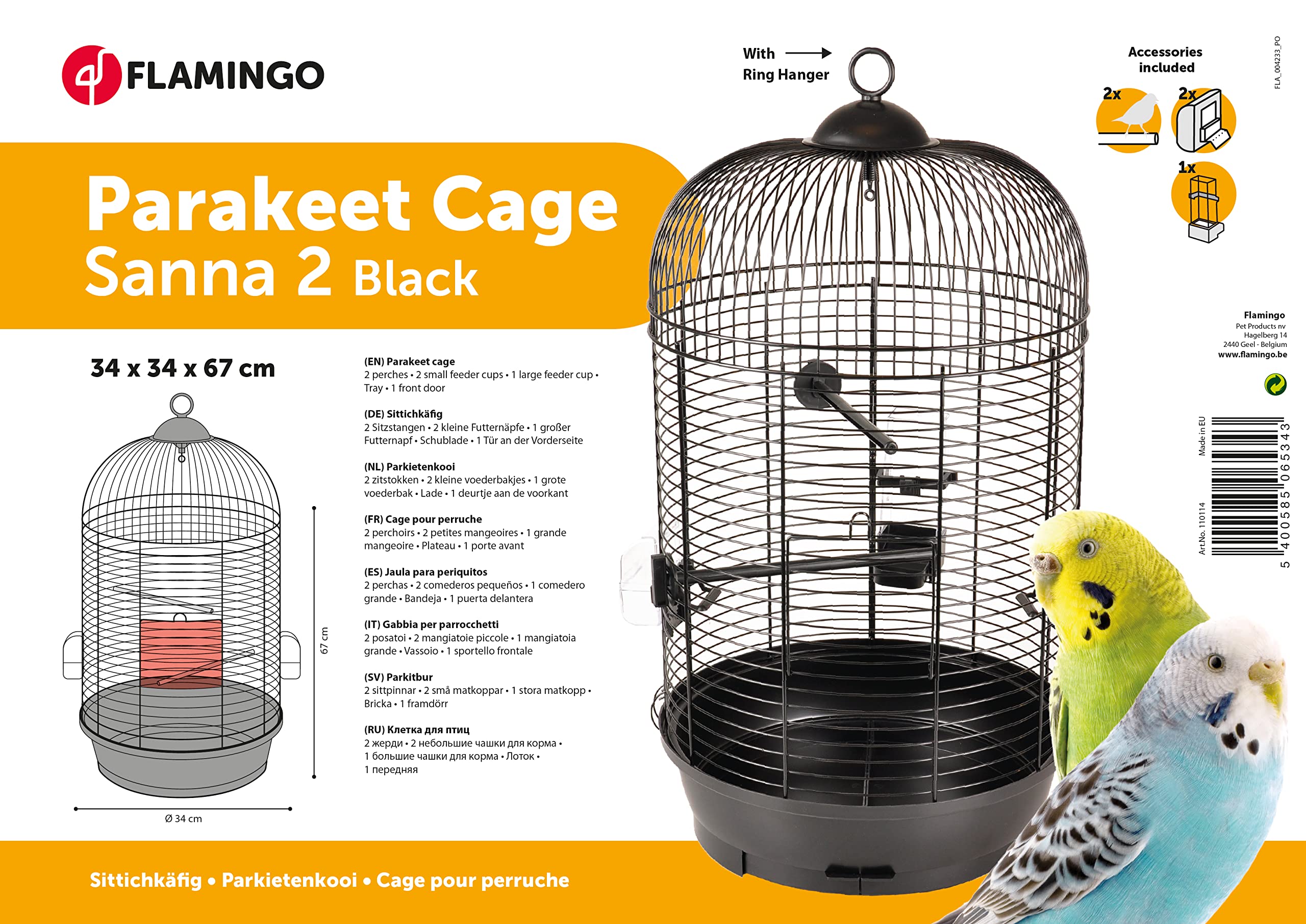 FLAMINGO Cage Perruche Sanna 2 Noir 35x35x67CM