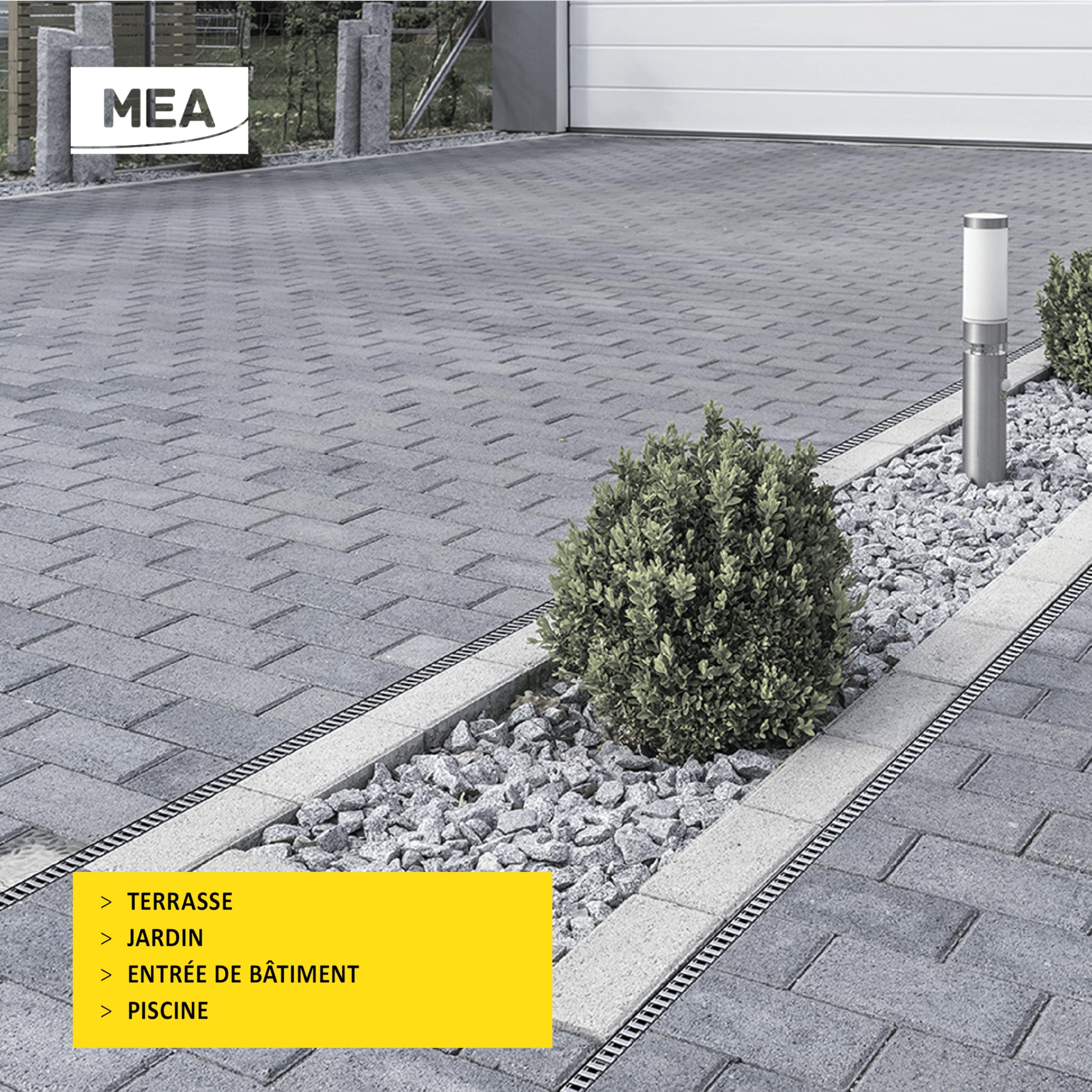MEA Profil Couvrant E-Blade L en INOX pour Caniveaux MEAPARK à Grille à Fente en PP Recyclé – Design Dynamique avec Ouvertures en Damier – Finition Moderne