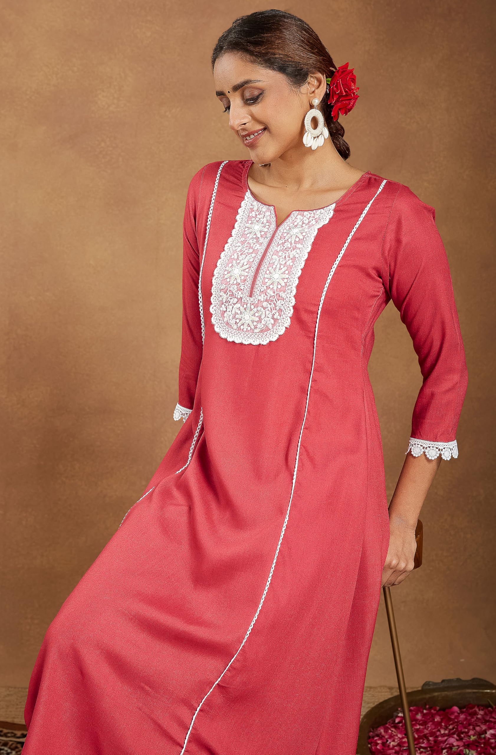 Janasya Women's Rust Rayon Yoke Embroidered A-line Kurta with Palazzo Set product image 7