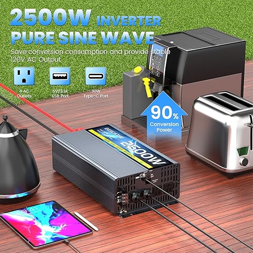 Miniatura 11 de Inversor de onda sinusoidal pura de 2500 W con interruptor de transferencia, convertidor de 12 V CC a 120 V CA con 2 salidas de CA, puerto USB