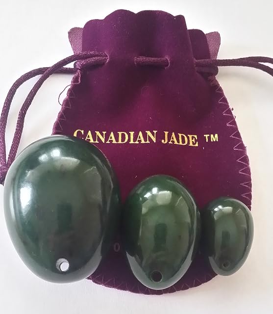 Nephrite Jade Eggs Set of 3, Large, Medium and Small 3 Sizes, Drilled, with Unwaxed String, Cleaning Brush, User Instructions and Authentic Certificate, as Exercisers to Strengthen Pelvic Muscles to Gain Better Bladder Control, by Polar Jade