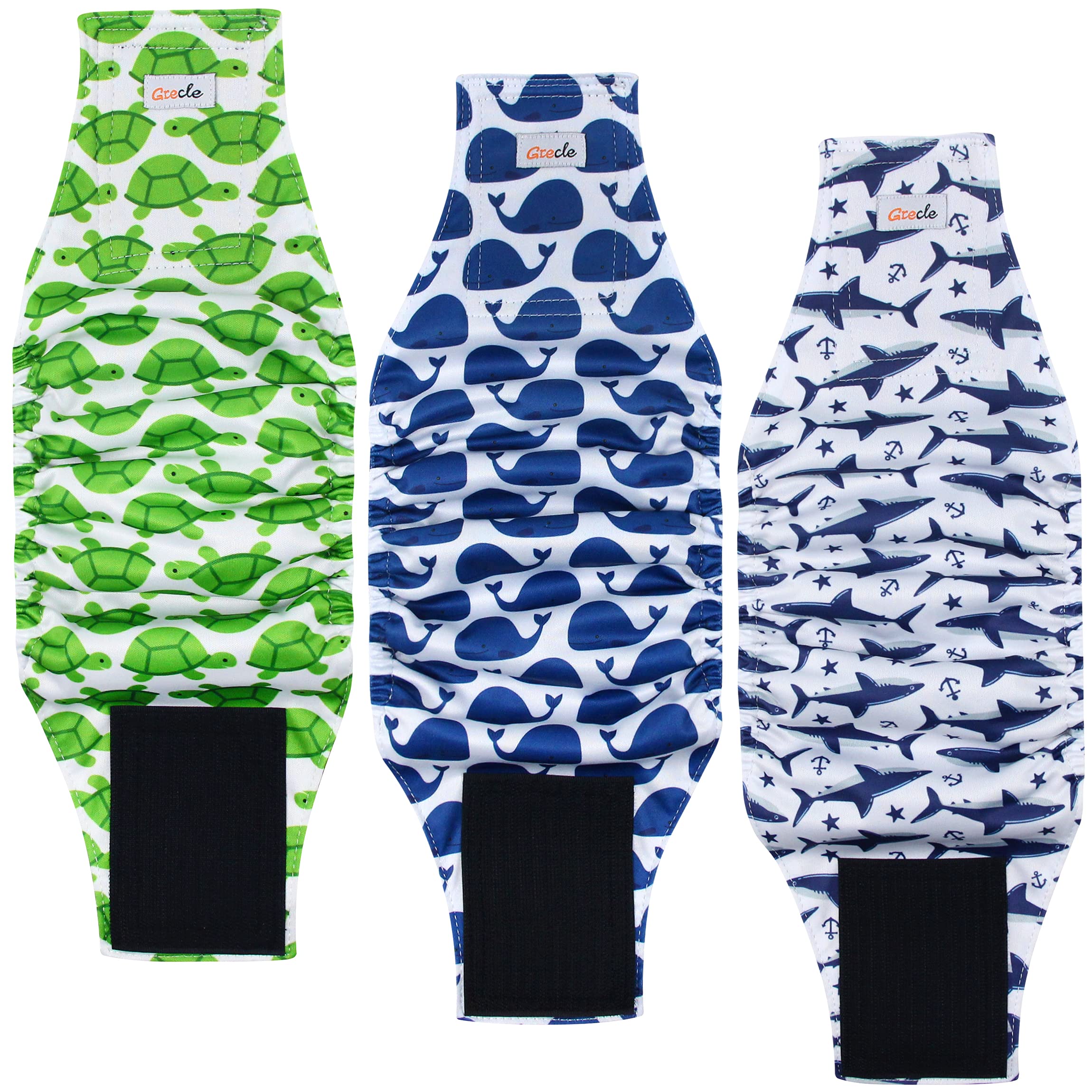 Grecle Premium Male Dog Wraps - High Absorbency Male Dog Diapers (Pack of 3) - Washable Belly Band for Male Dogs Incontinence and Puppy Training (Whale, L)