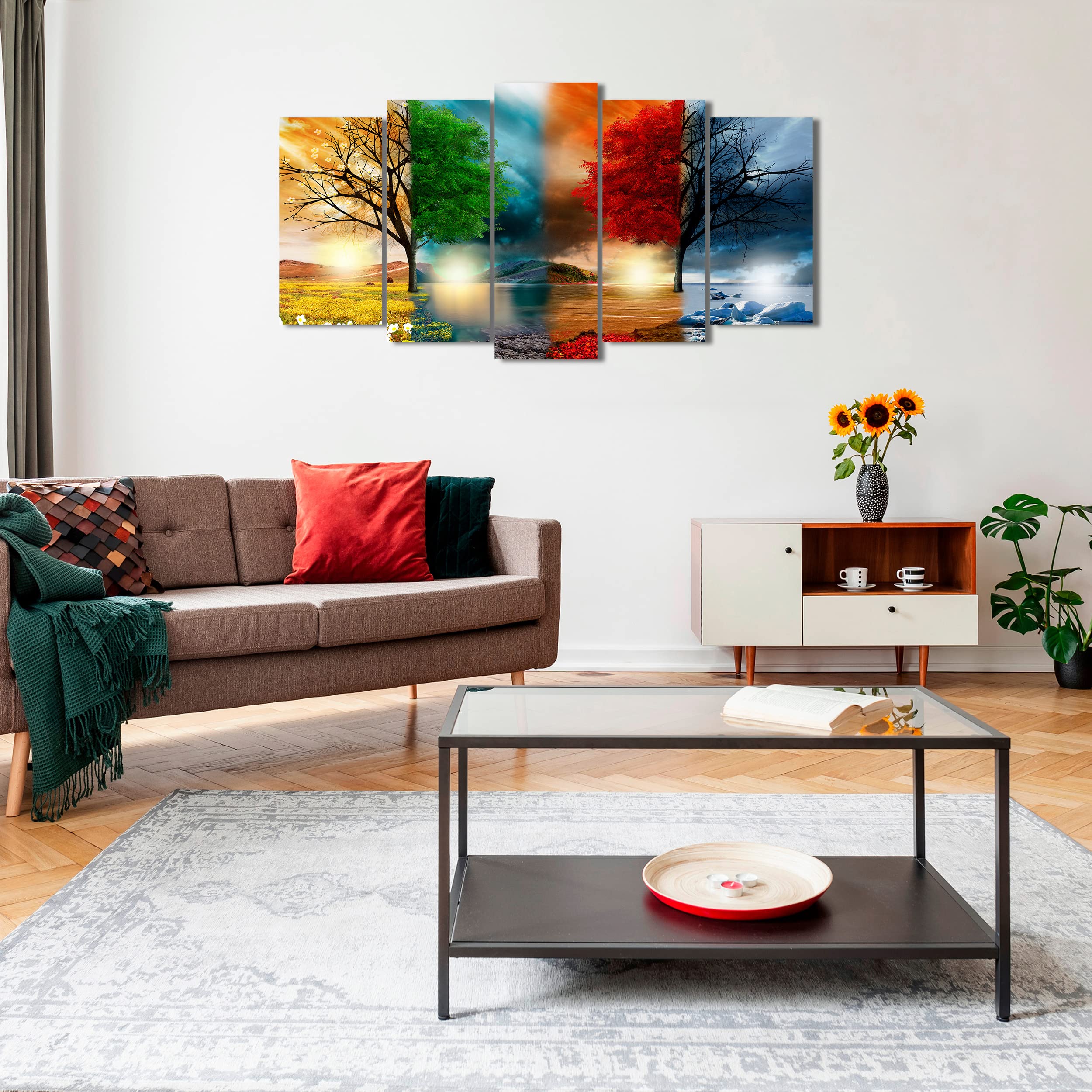 DekoArte - Cuadros Modernos Impresión Imagen Artística | 5 Piezas 150x80cm | Lienzo Decorativo Para Tu Salón o Dormitorio | Estilo Paisaje Cuatro Estaciones del año Árboles Rojo
