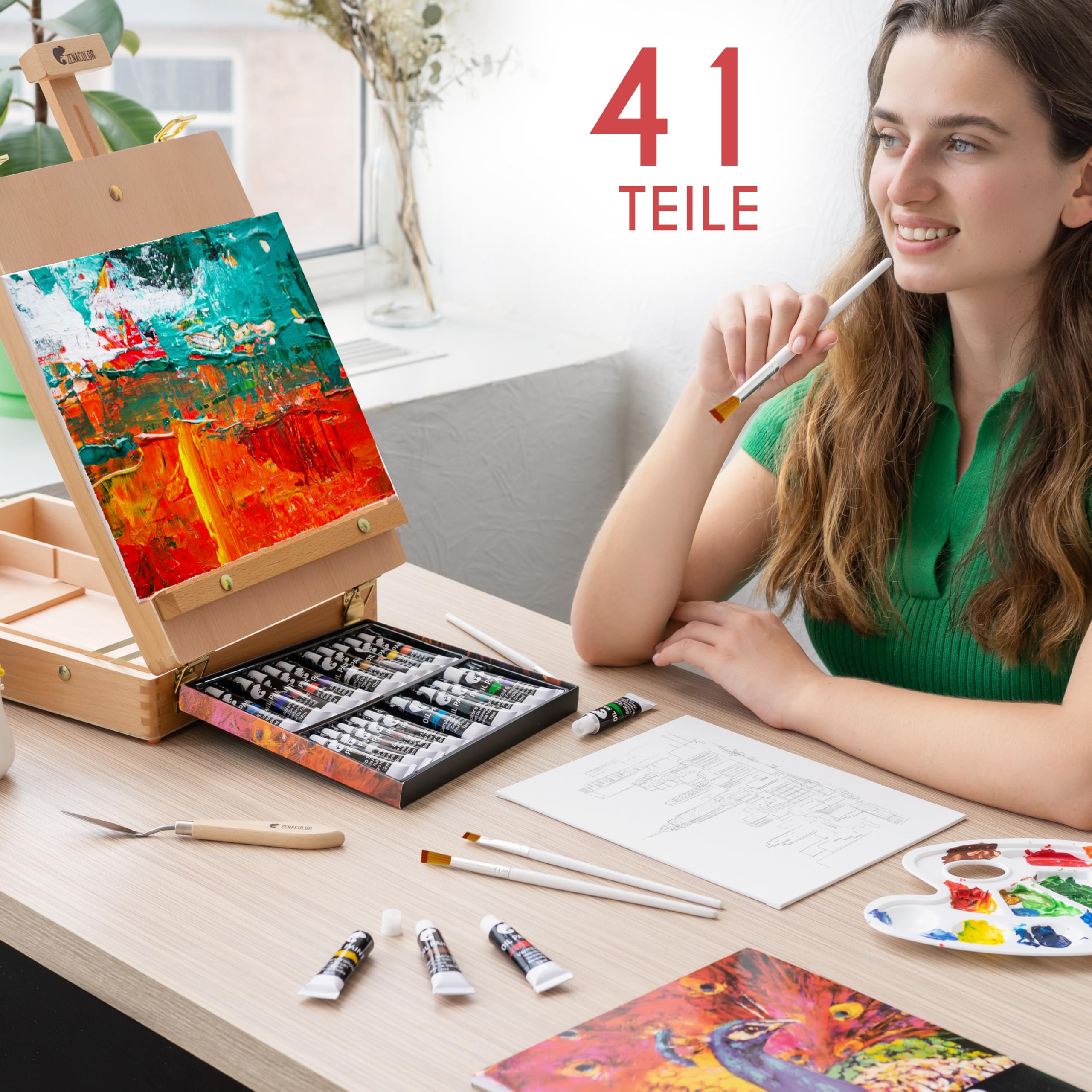 Staffelei mit Ölfarben Set - Malset 41 Teile : 24 Tuben Ölfarbe 3 Leinwand Zum Bemalen 1 Malblock 10 Pinsel 1 Malspachtel 1 Palette 1 Tischstaffelei Zenacolor