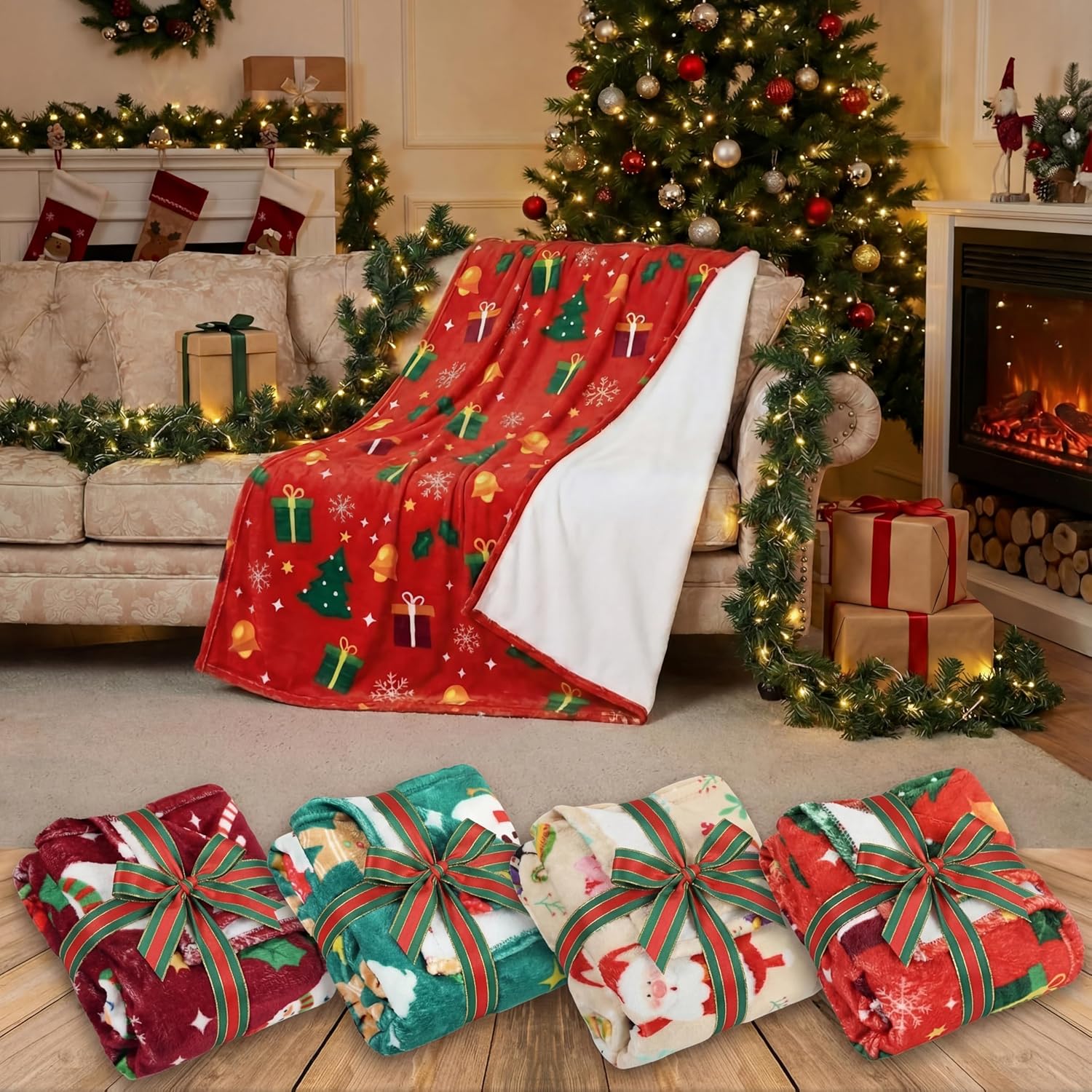 Buryeah 4 Pack Queen Size Christmas Throw Blankets Bulk for Bed Sofa Couch Snowman Gifts Santa Gingerbread Xmas Tree Soft Cozy Christmas Plush Flannel Blanket Home Decor Xmas Supplies, 60 x 80 Inches