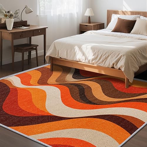 Miniatura 3 de Alfombra ondulada de 4 x 6 pies, alfombra retro de los años 70, color naranja, diseño de arte estético abstracto, de pelo bajo, resistentes a las