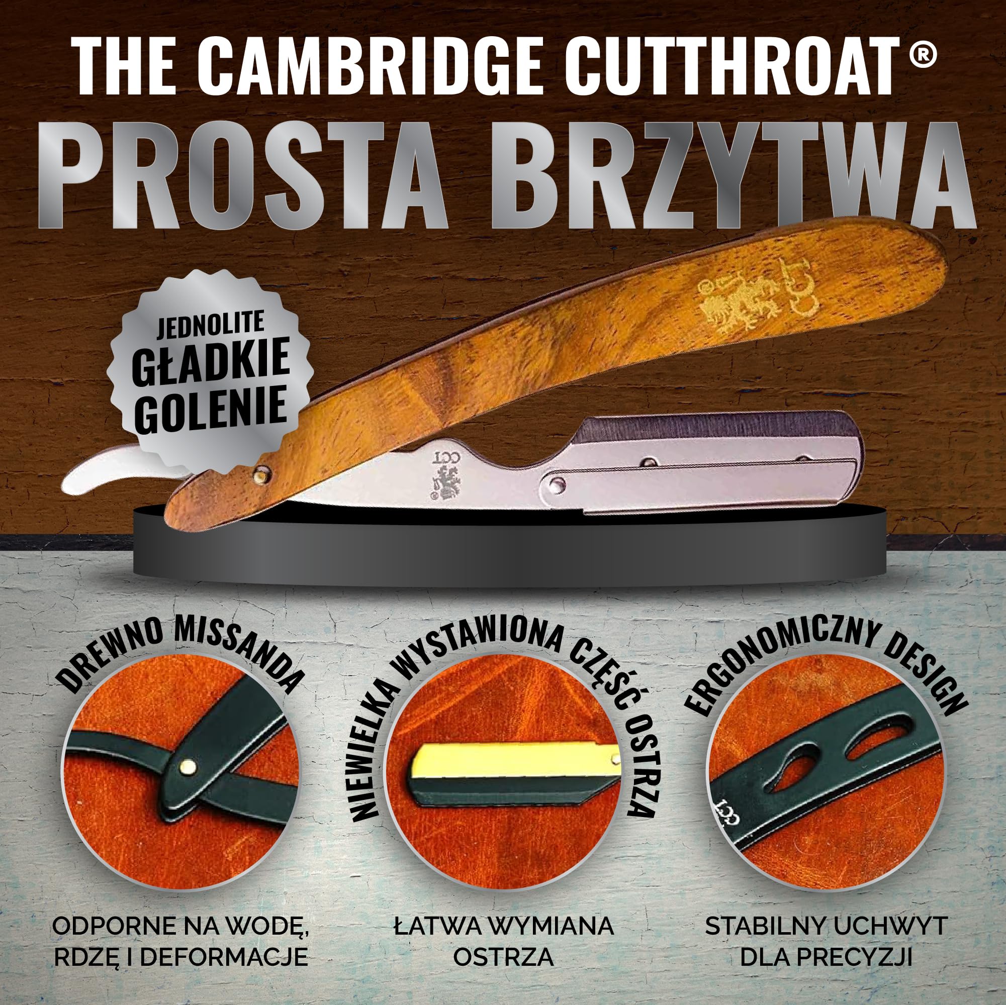 Profesjonalny zestaw brzytwy The Cambridge Cutthroat® Missanda z Drewna i Stali Nierdzewnej, brzytwa z pojedynczym ostrzem premium, do stylizacji wąsów i brody, z etui podróżnym