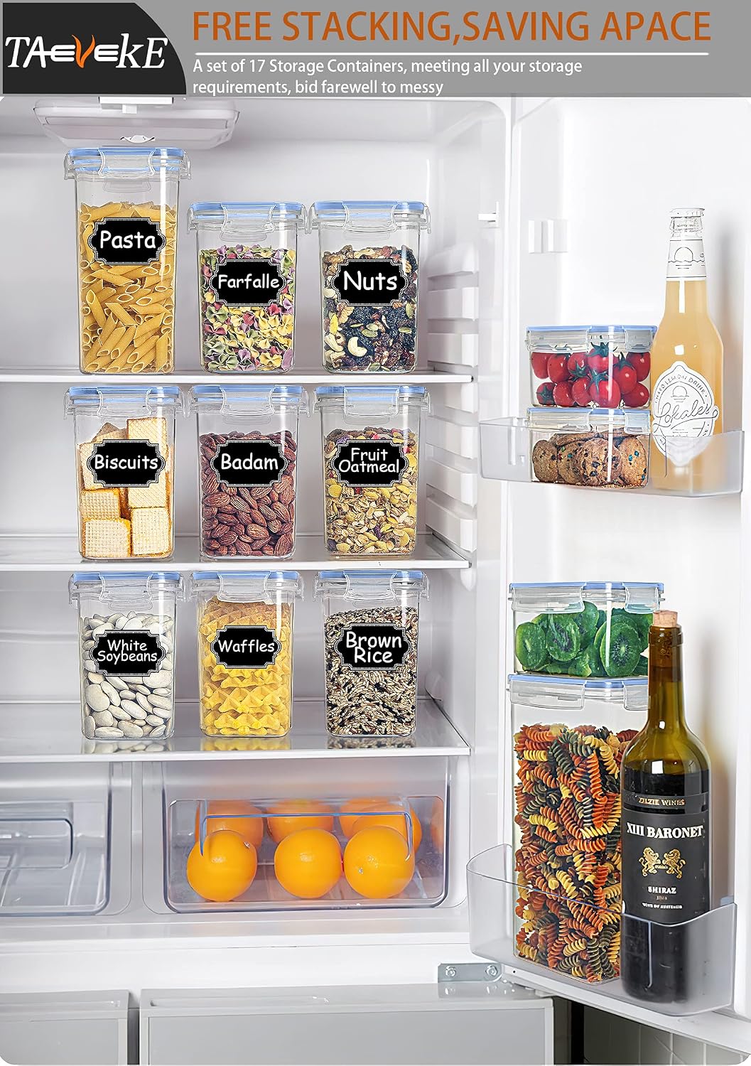 Airtight Food Storage Containers Set,TAEVEKE Cereal & Dry Food Storage Container with Lids Set of 17, BPA Free Plastic Canisters for Kitchen Pantry Organization,Leak-proof with Labels &Marker (Blue)