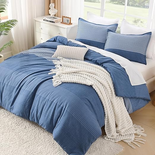 Litanika Comforter Set California King Size Sapphire Blue - 3 Pieces Lightweight Sapphire Blue White Colorblock Stripe Fluffy Bedding Comforter Sets, All Season Bed Set