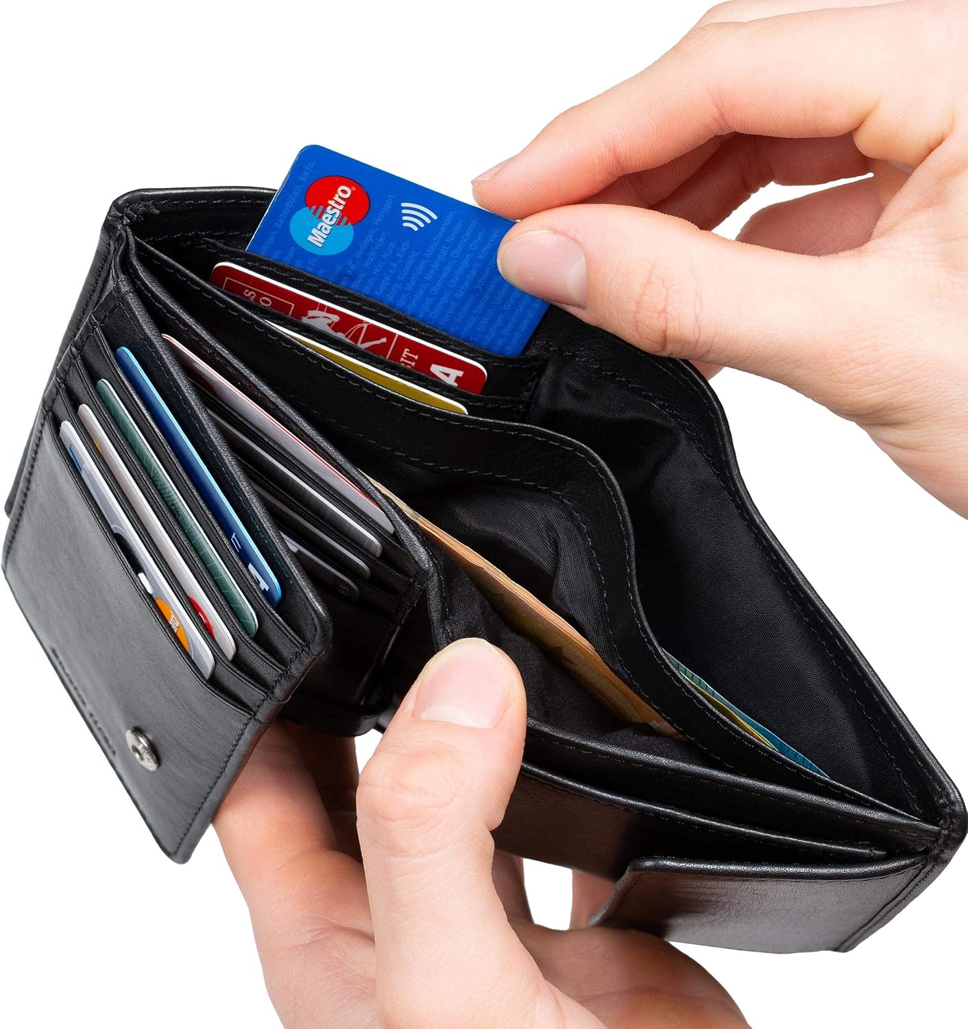 DiLoro Mens Full Size Large Capacity Genuine Full Grain Leather Wallet Bifold Flip ID Coin & Zip Pockets RFID Blocking Anti-Theft (Black Nappa) - Image 5