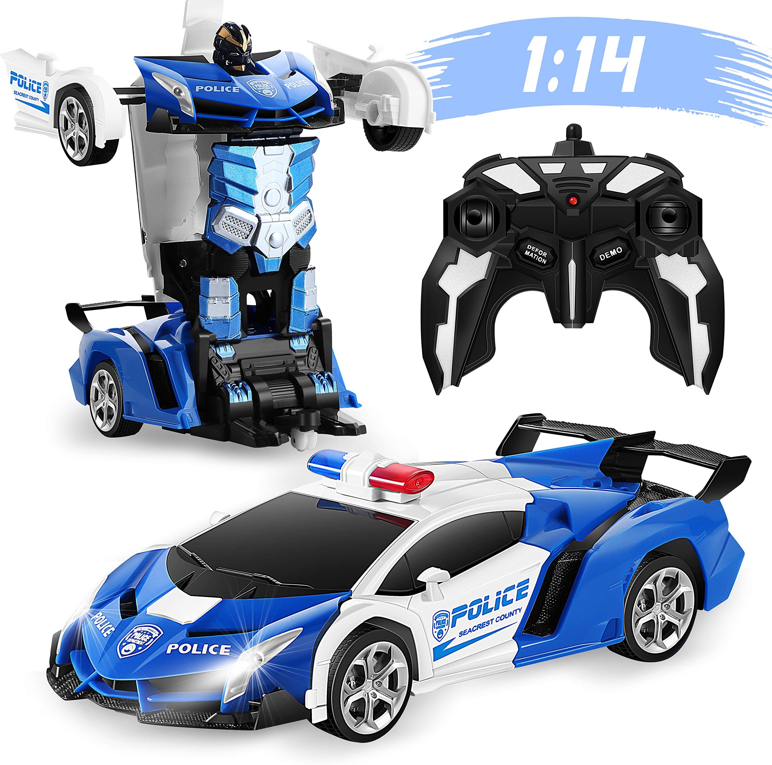 FIGROL Transform RC Car Robot 1:14 Scale, Remote Control Car One Button Deformation Car Toy RC Transforming Police Car with 360 Degree Rotating Drifting & Realistic Sounds