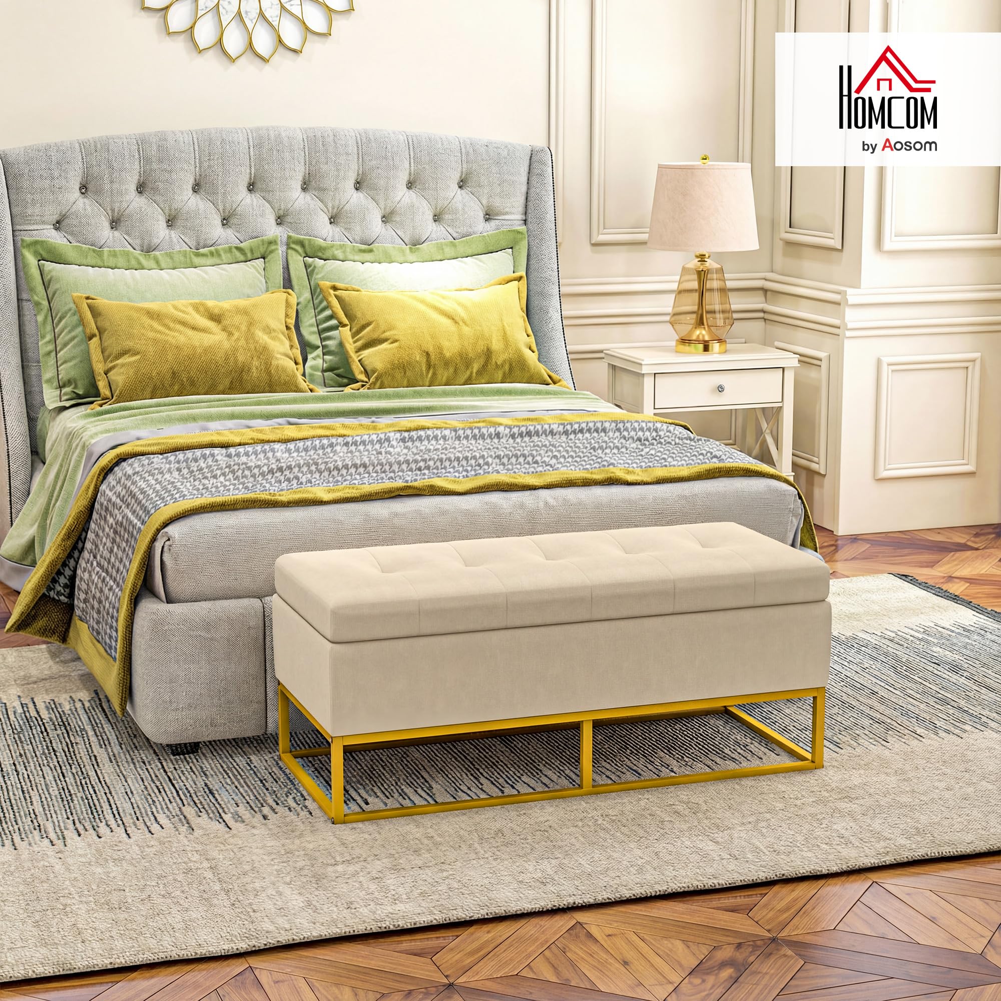 HOMCOM Sitzbank mit Stauraum Klappdeckel Sitztruhe Beige 110 x 44 x 49 cm | Gepolstert, Samtoptik, Polsterbank, Bettbank, Truhenbank mit Stahlbeine, Für Wohnzimmer, Schlafzimmer