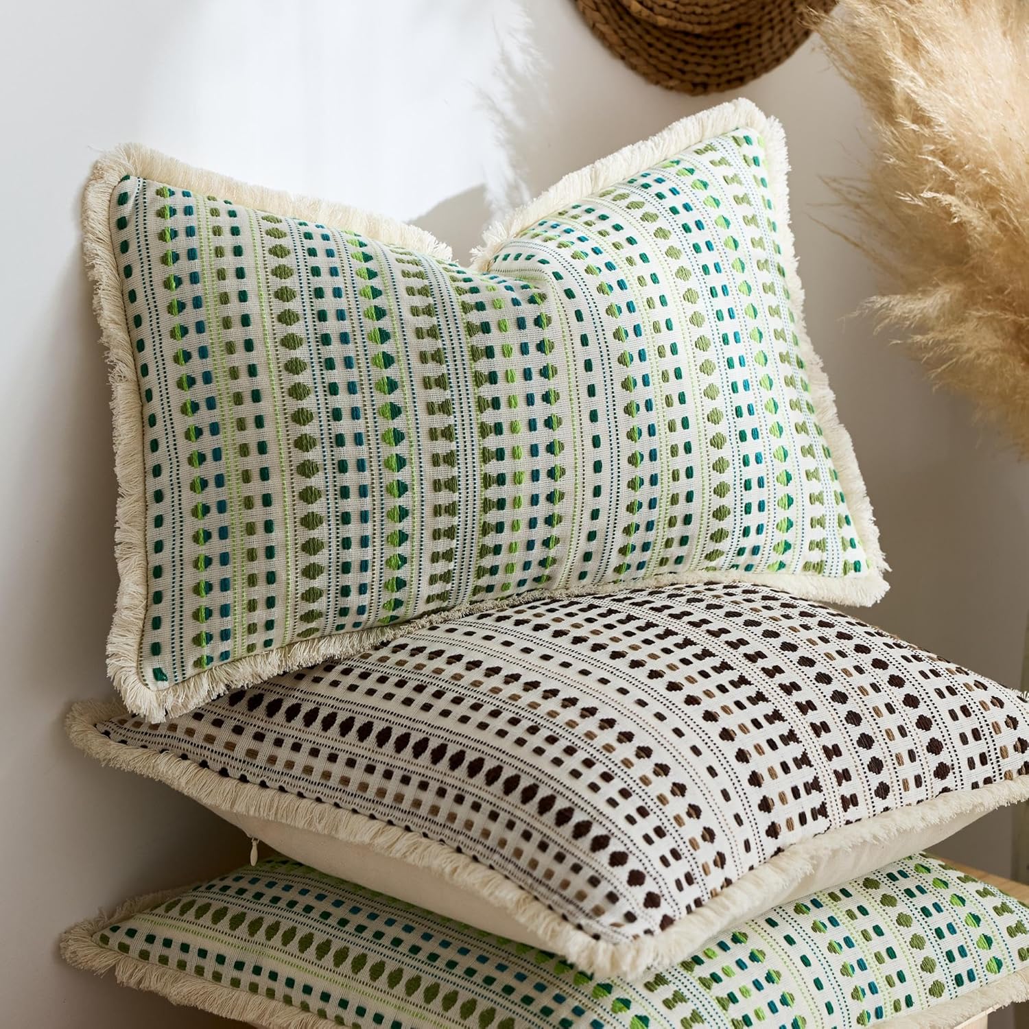 Embroidered Throw Pillow Cover Set of 2, Spring Summer Boho Farmhouse Decorative Pillow Case with Tassels, Textured Cushion Cases for Sofa Living Room Home Decor (Green, 12" x 20")