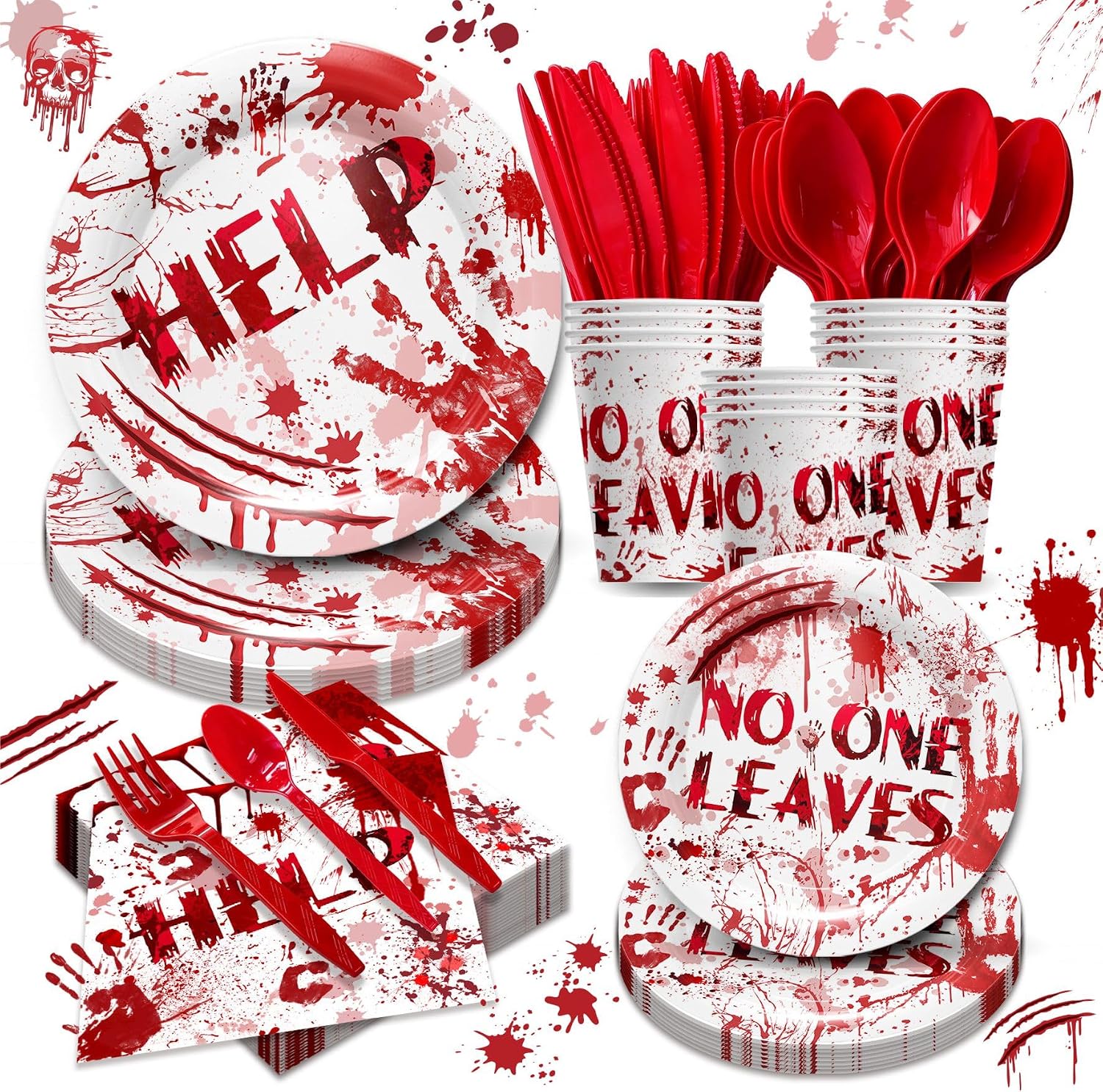 Piooluialy 168Pcs Bloody Halloween Decorations, Bloody Plates and Cups, Napkins, Cutlery, Suitable Tableware Set For Summerween, Halloween & Horror Movie Birthday Supplies Serves 24
