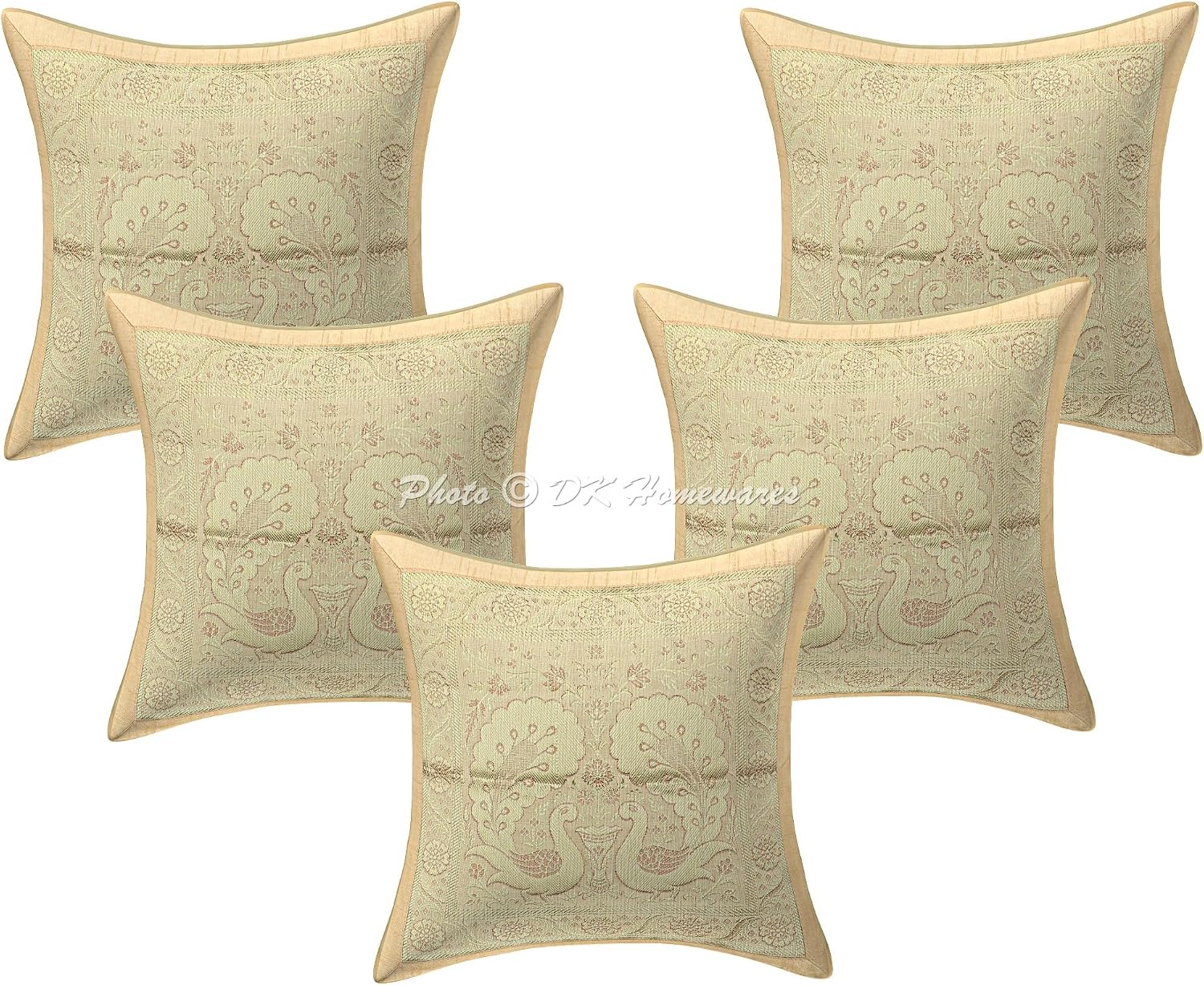 Ethnic Throw Pillowcases 12 x 12 Inch Brocade Jacquard Weave Indian Square Peacock Cushion Covers (Size - 30x30 cm ; Color: Beige & Gold) - Set of 5 Pcs (Cover Only)